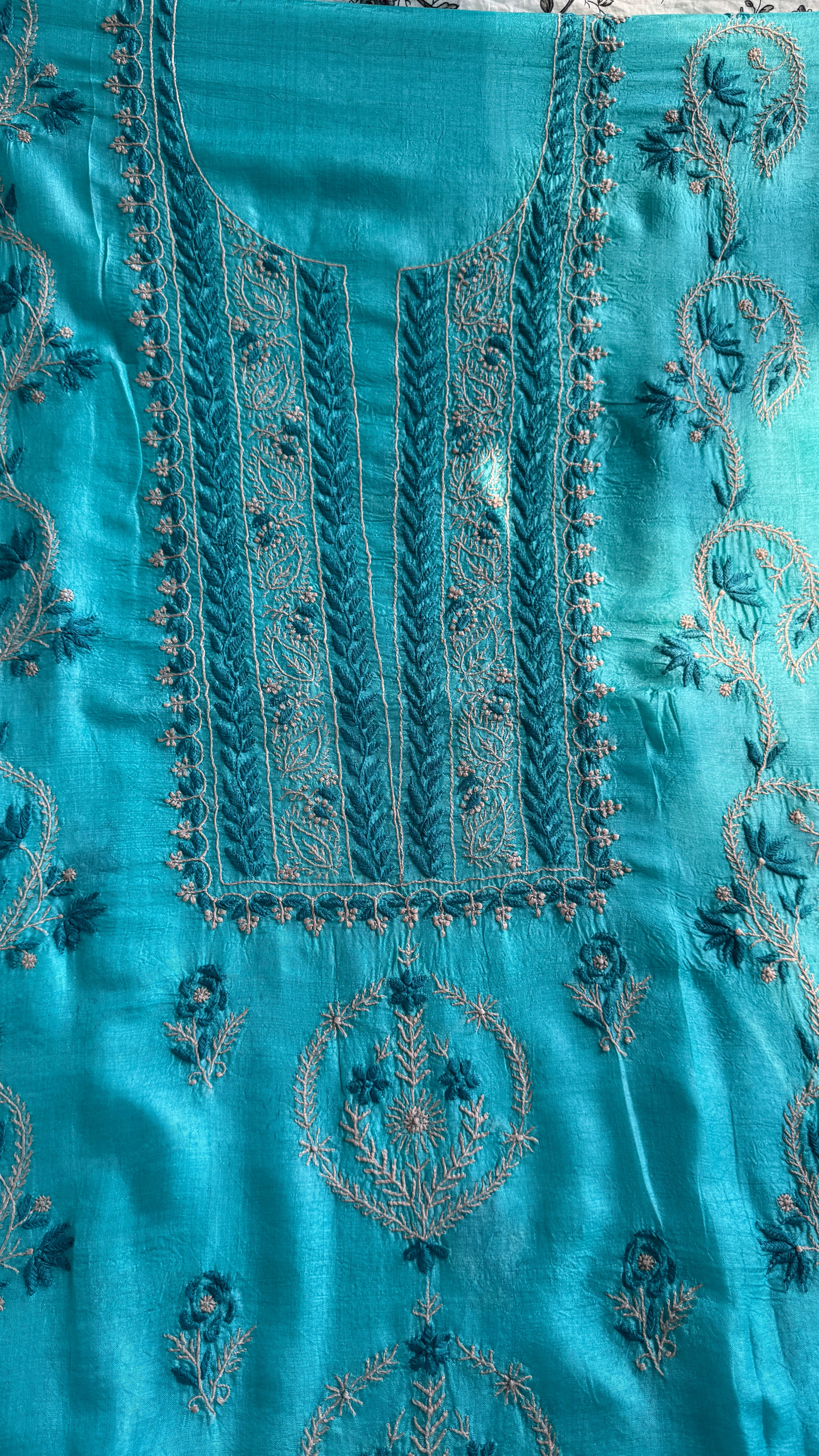 Pure Tussar Silk Chikankari Length with Dupatta -  Blue Multi Thread