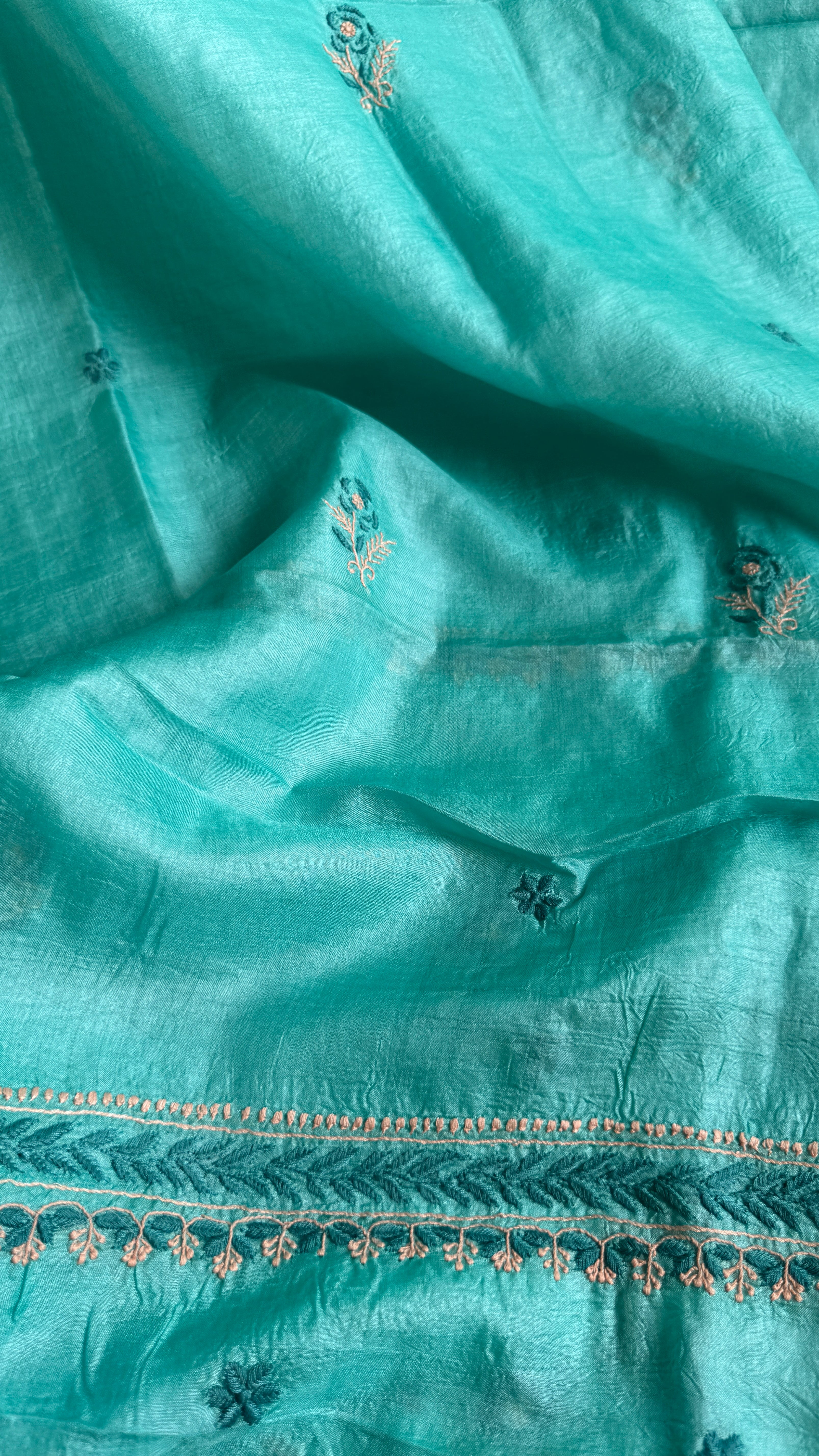 Pure Tussar Silk Chikankari Length with Dupatta -  Blue Multi Thread