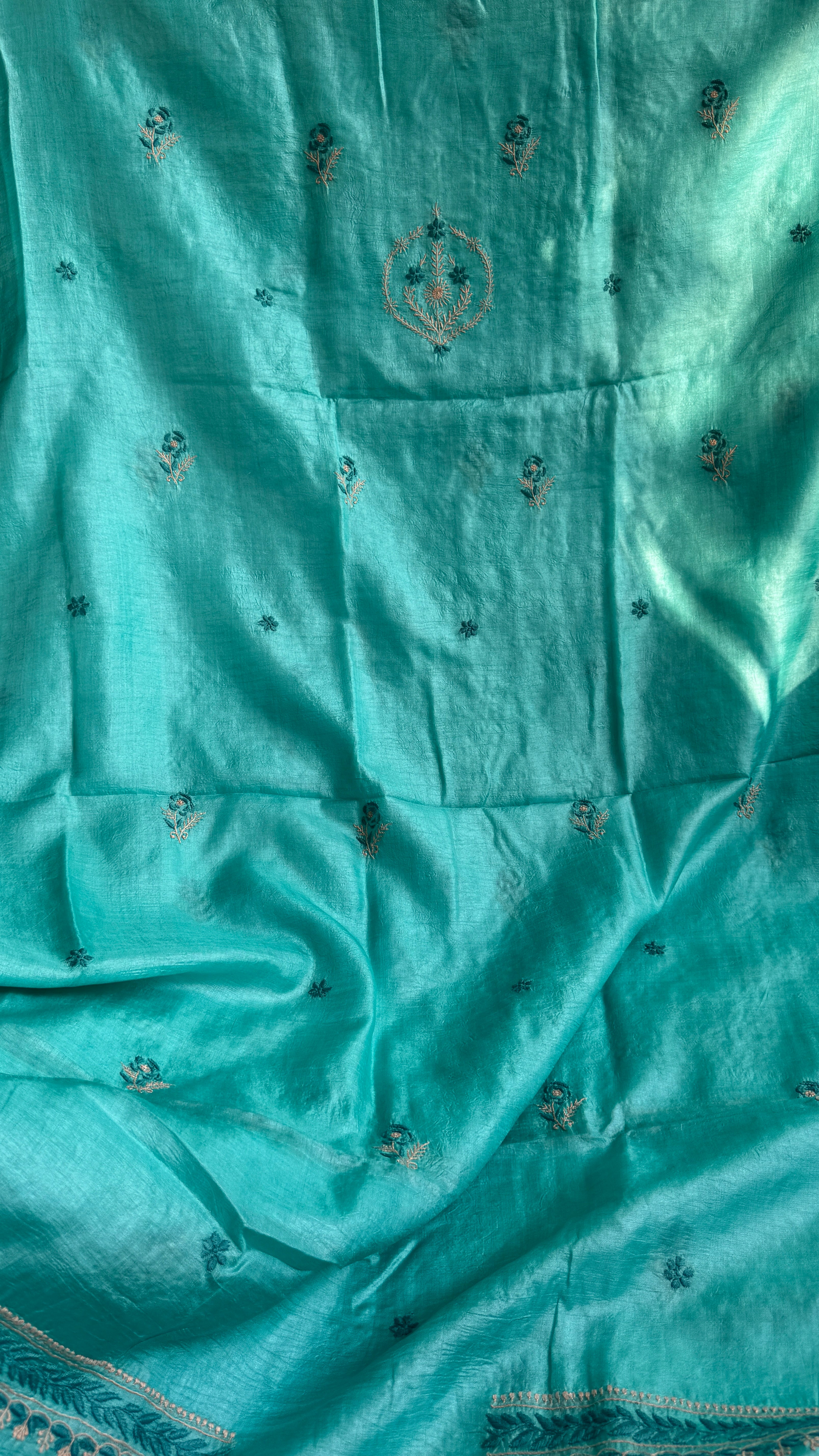 Pure Tussar Silk Chikankari Length with Dupatta -  Blue Multi Thread