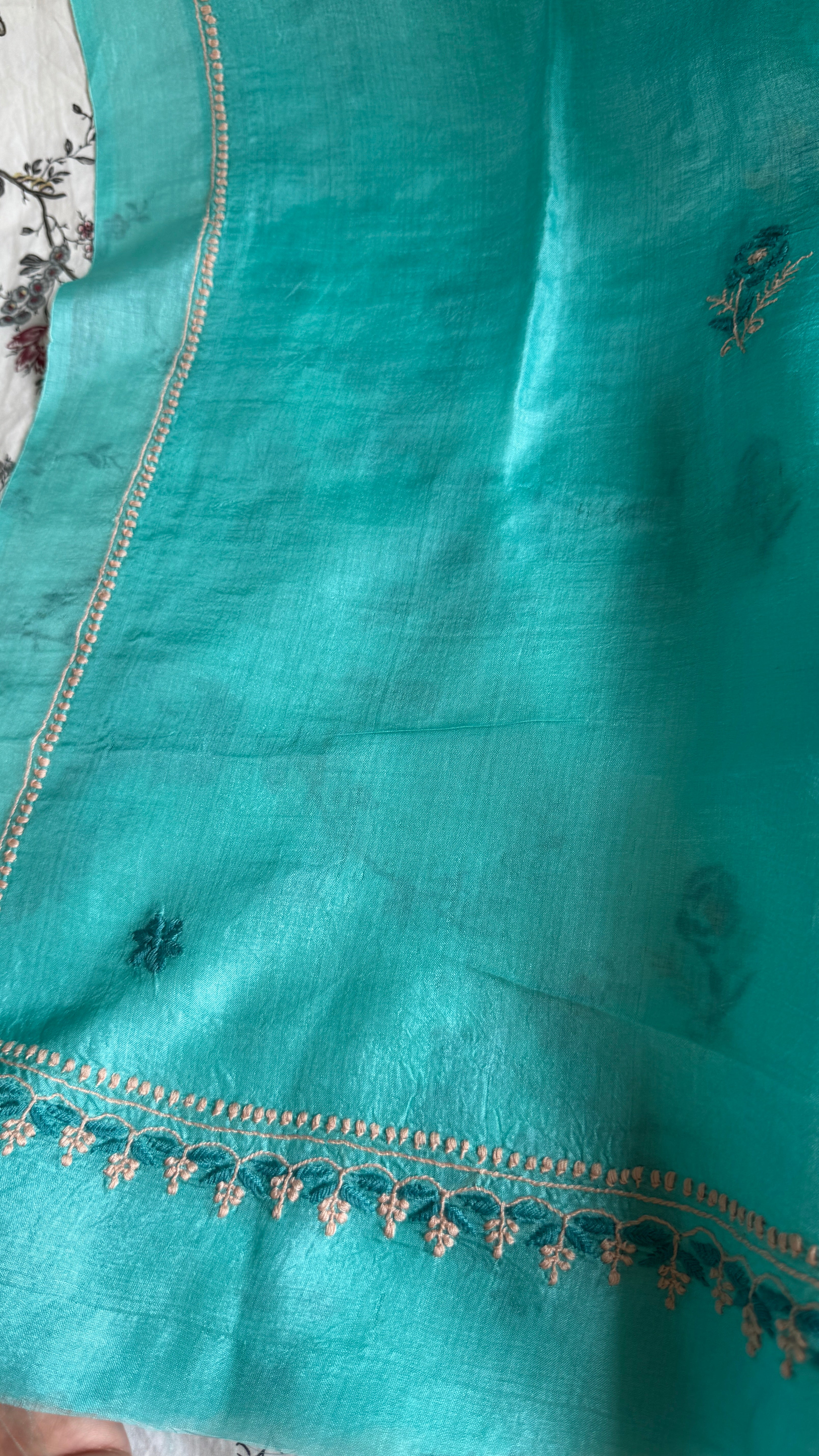 Pure Tussar Silk Chikankari Length with Dupatta -  Blue Multi Thread