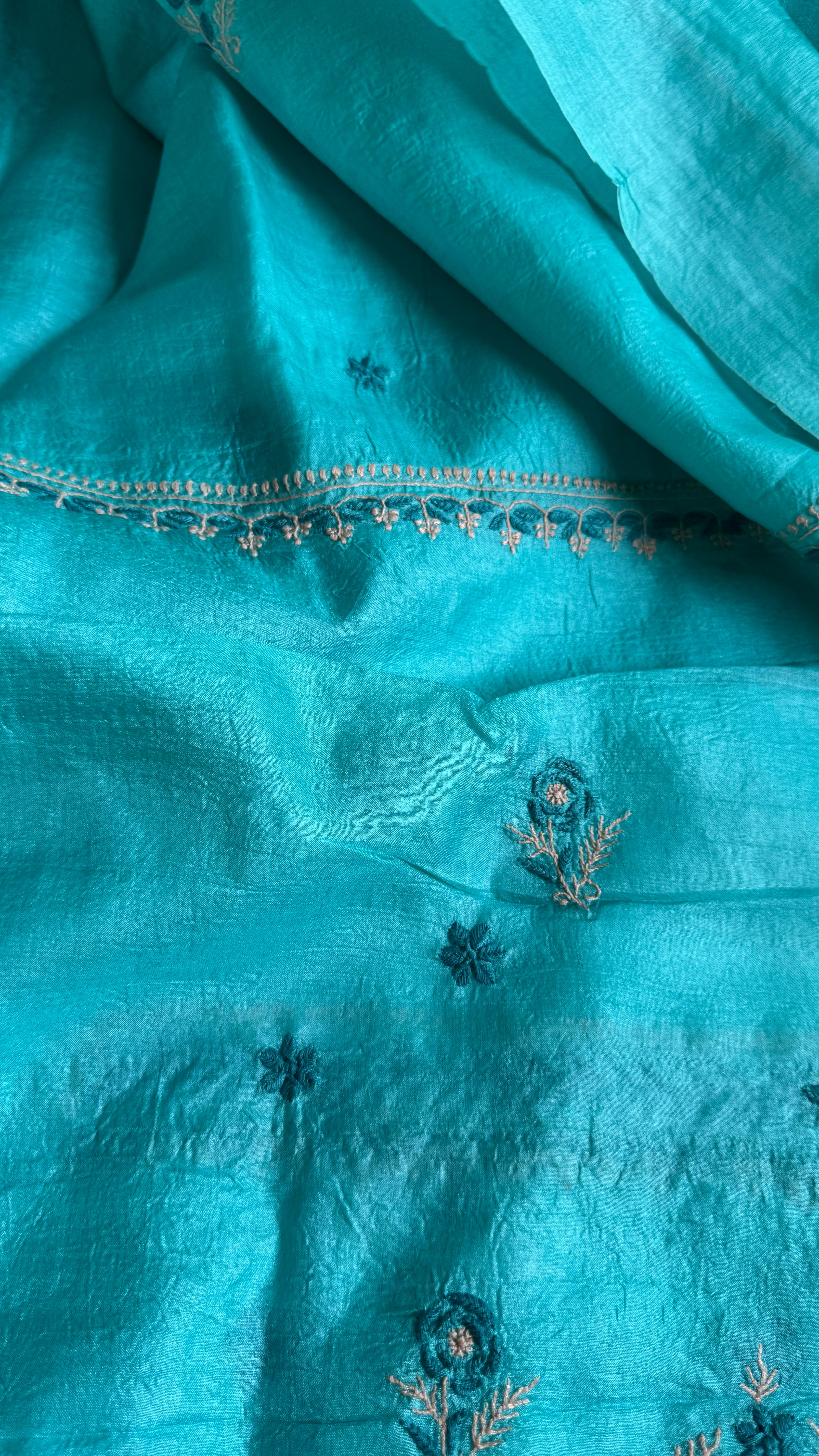 Pure Tussar Silk Chikankari Length with Dupatta -  Blue Multi Thread