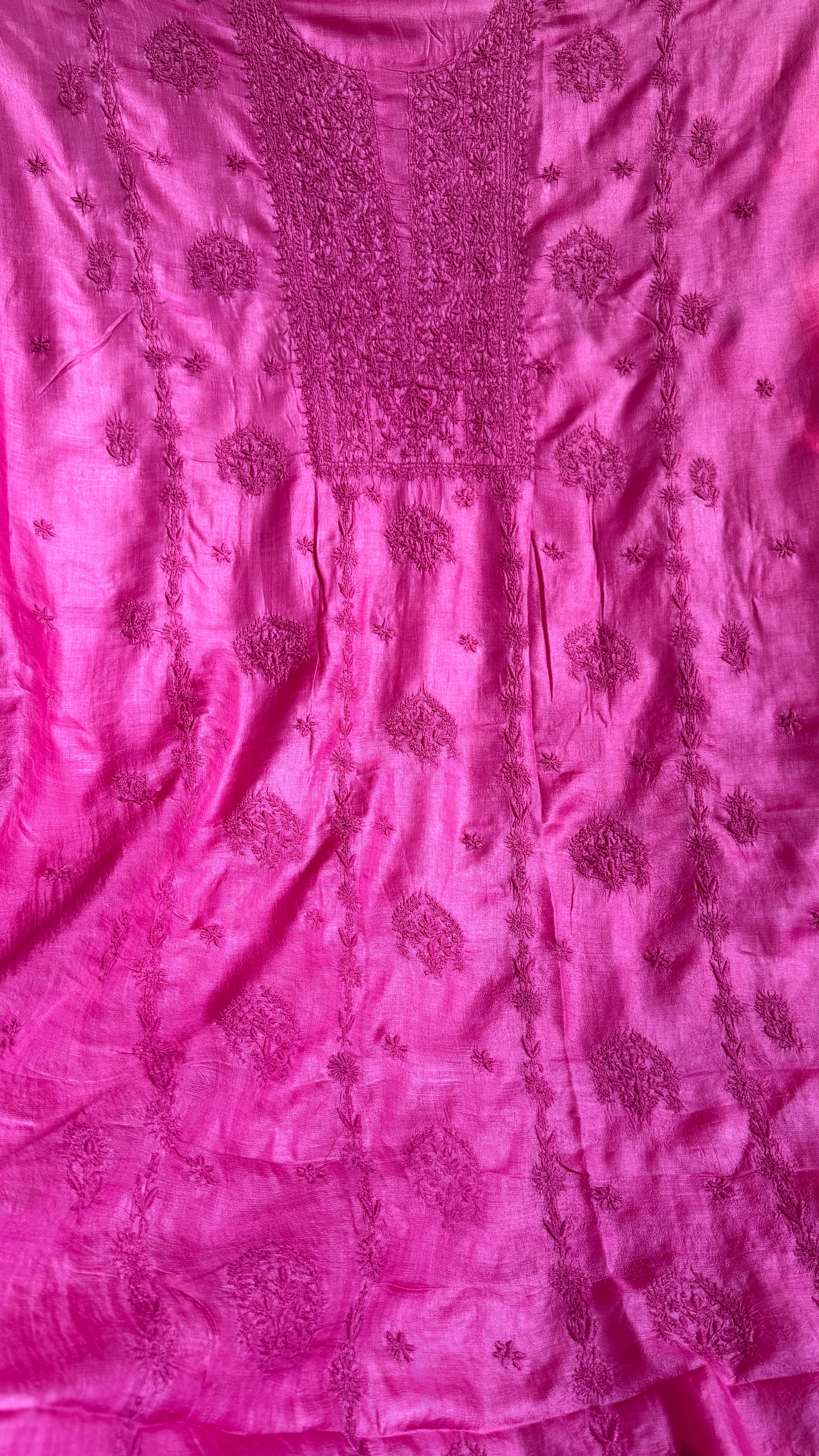 Pure Tussar Silk Chikankari Length with Dupatta - Hot Pink