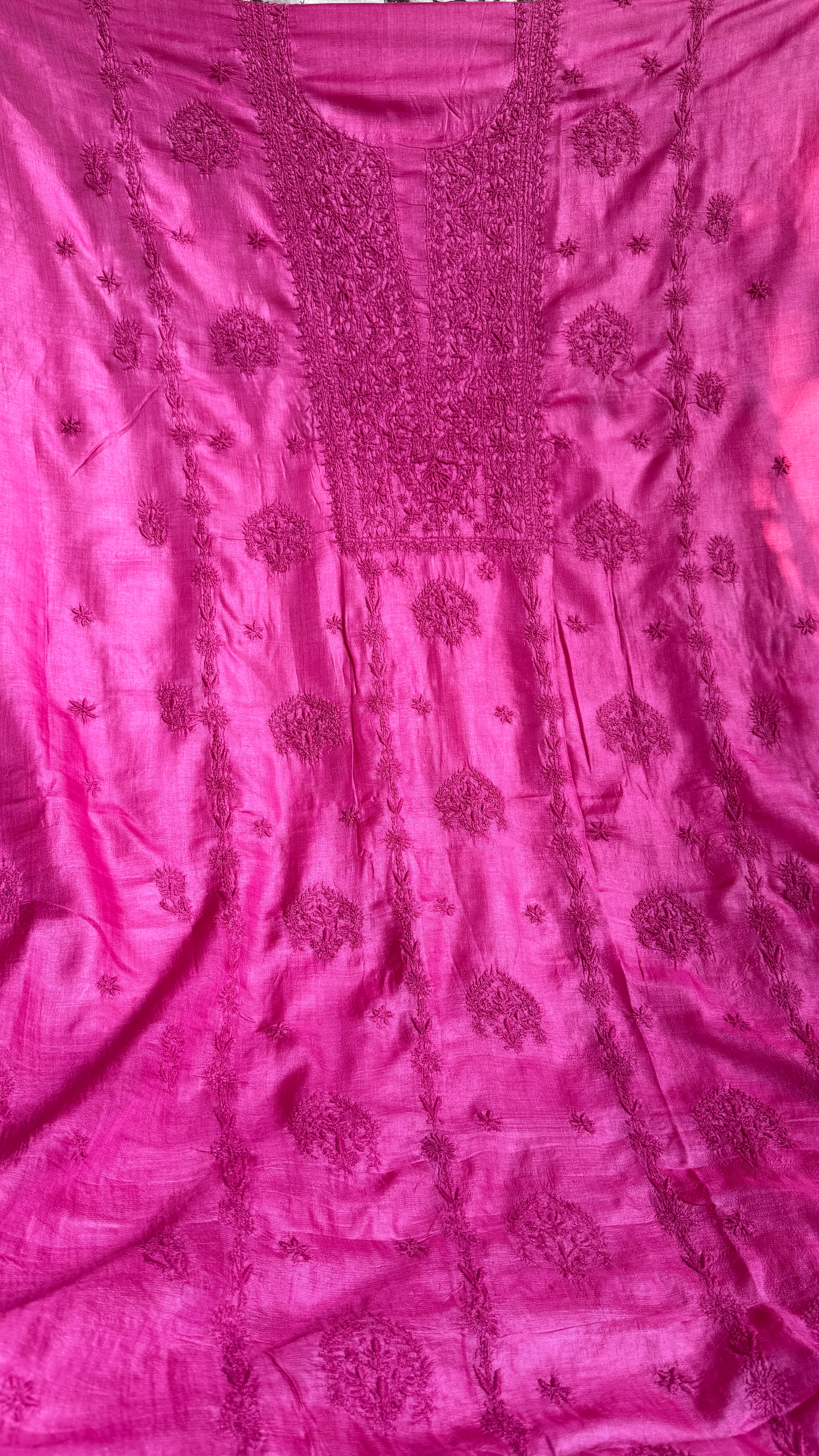 Pure Tussar Silk Chikankari Length with Dupatta - Hot Pink