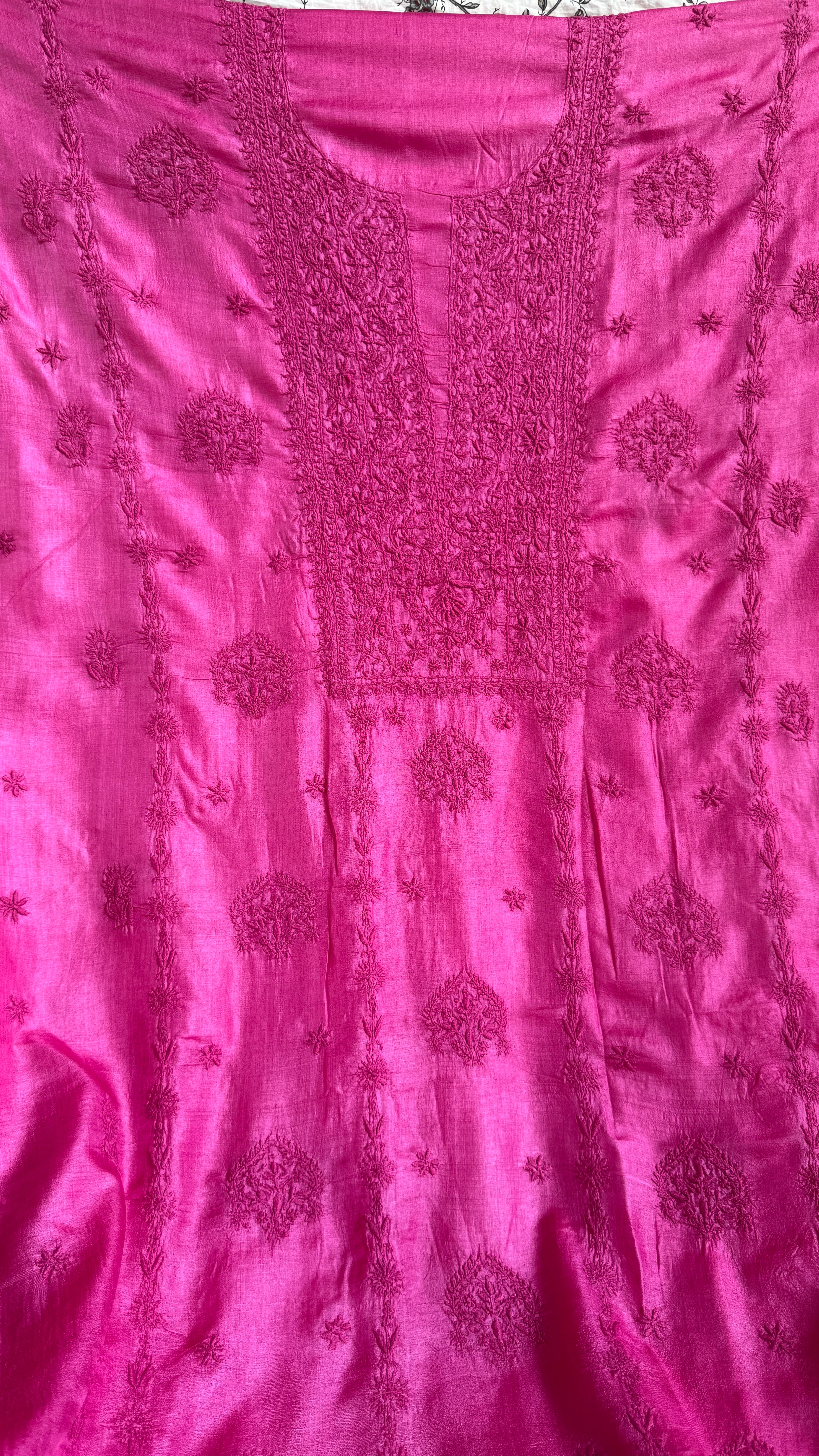 Pure Tussar Silk Chikankari Length with Dupatta - Hot Pink