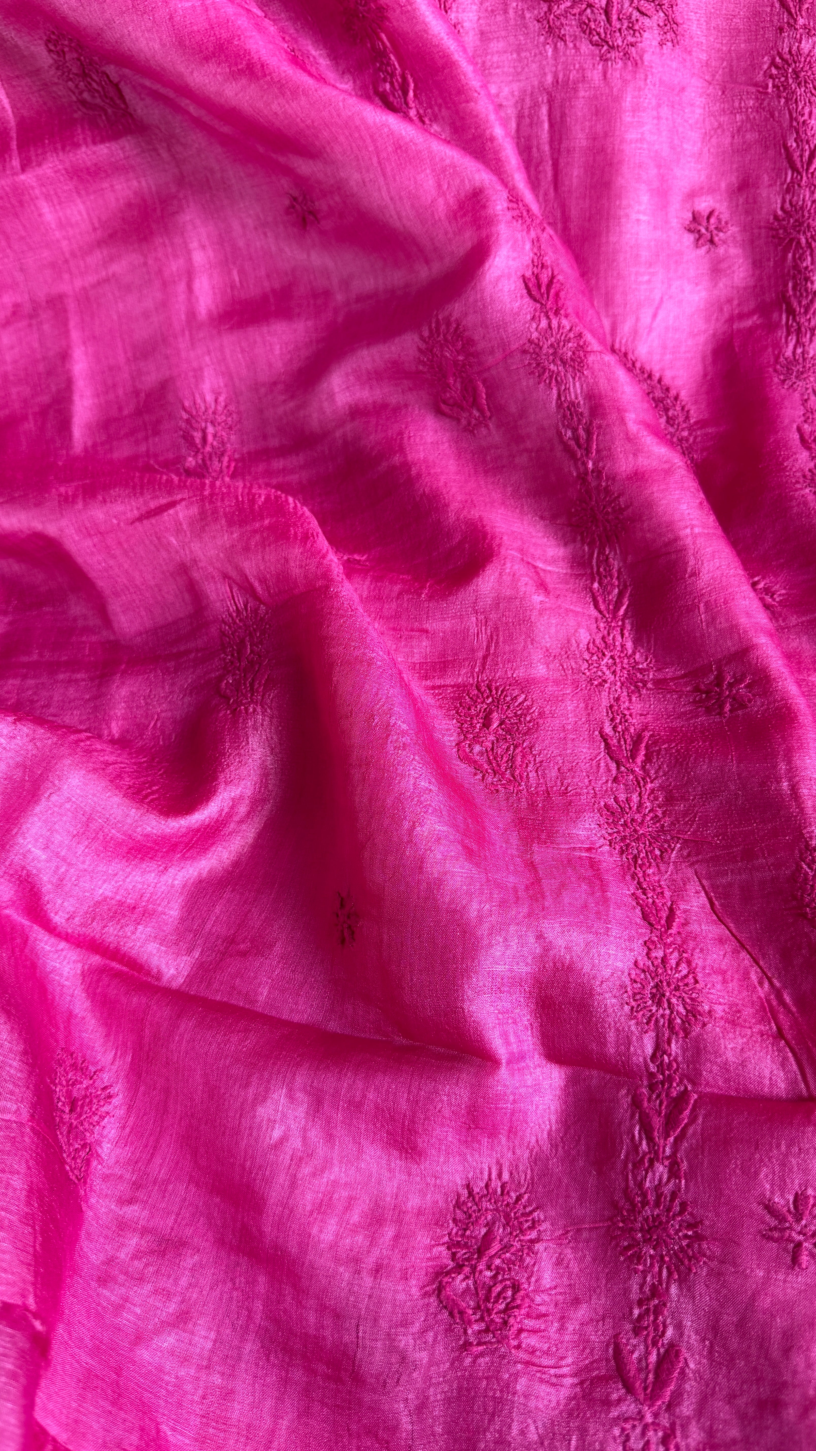 Pure Tussar Silk Chikankari Length with Dupatta - Hot Pink