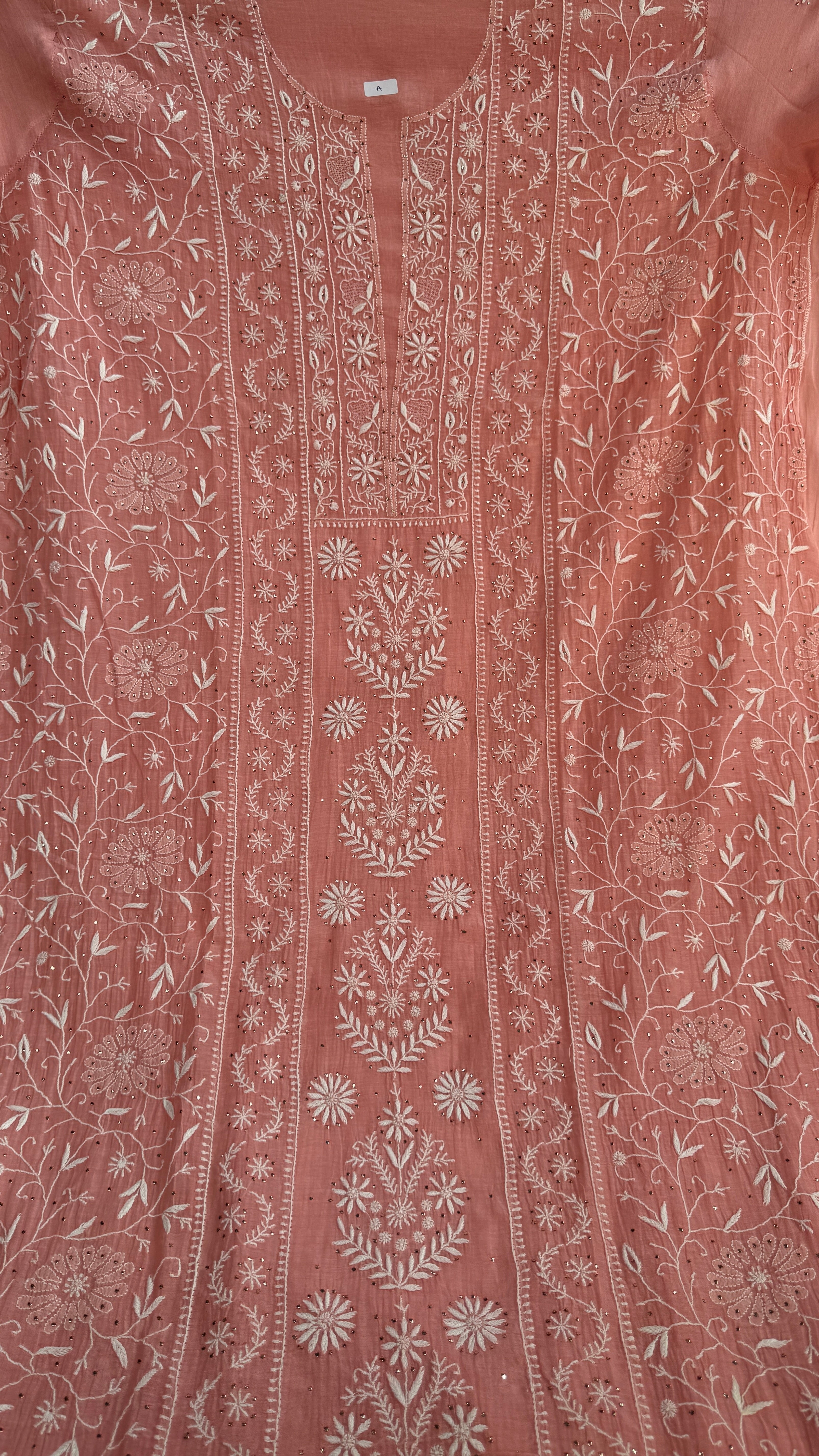 Mul Chanderi Chikankari Unstitched Length with Dupatta with Mukaish Add-On - Carrot Pink