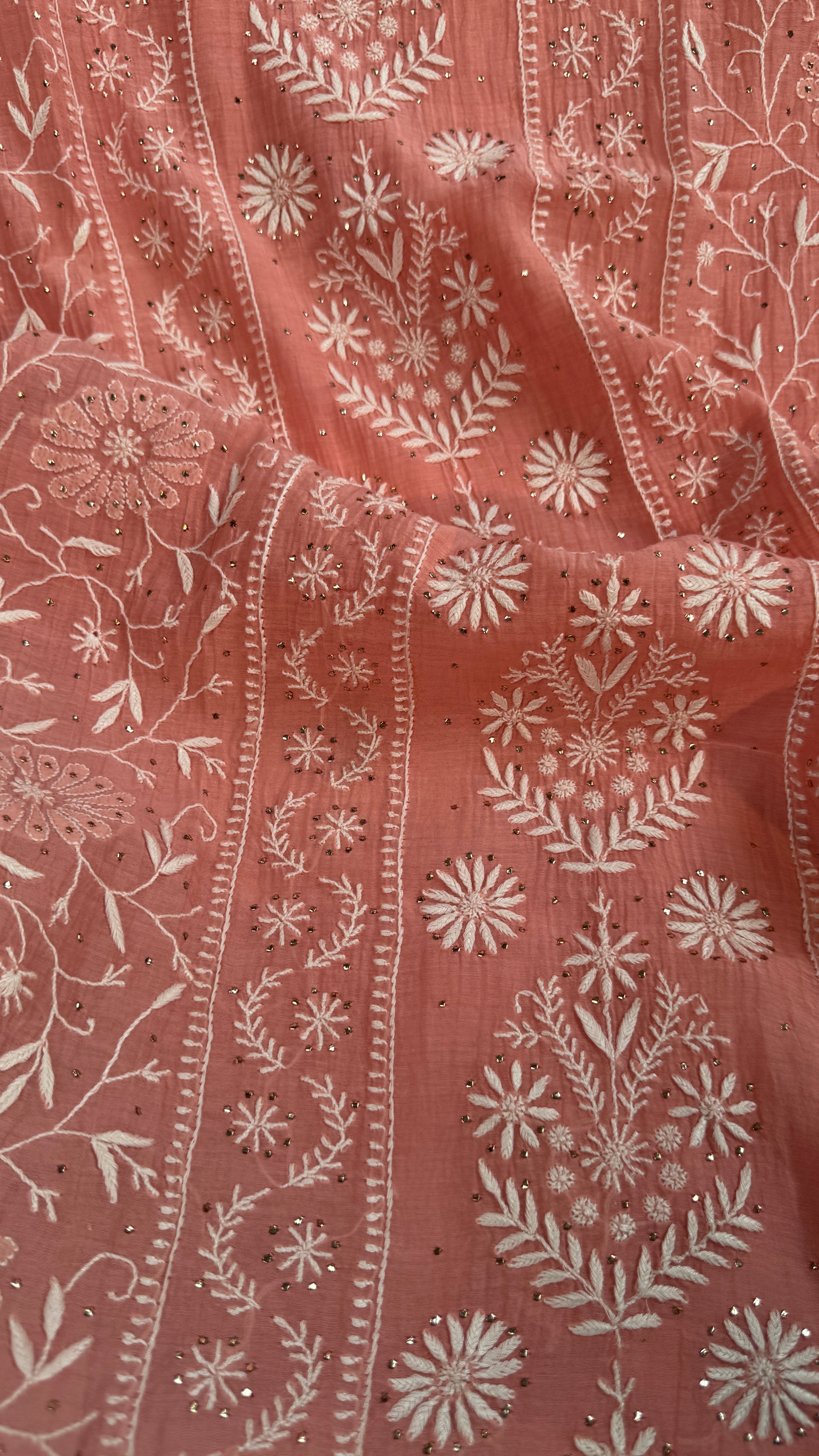 Mul Chanderi Chikankari Unstitched Length with Dupatta with Mukaish Add-On - Carrot Pink