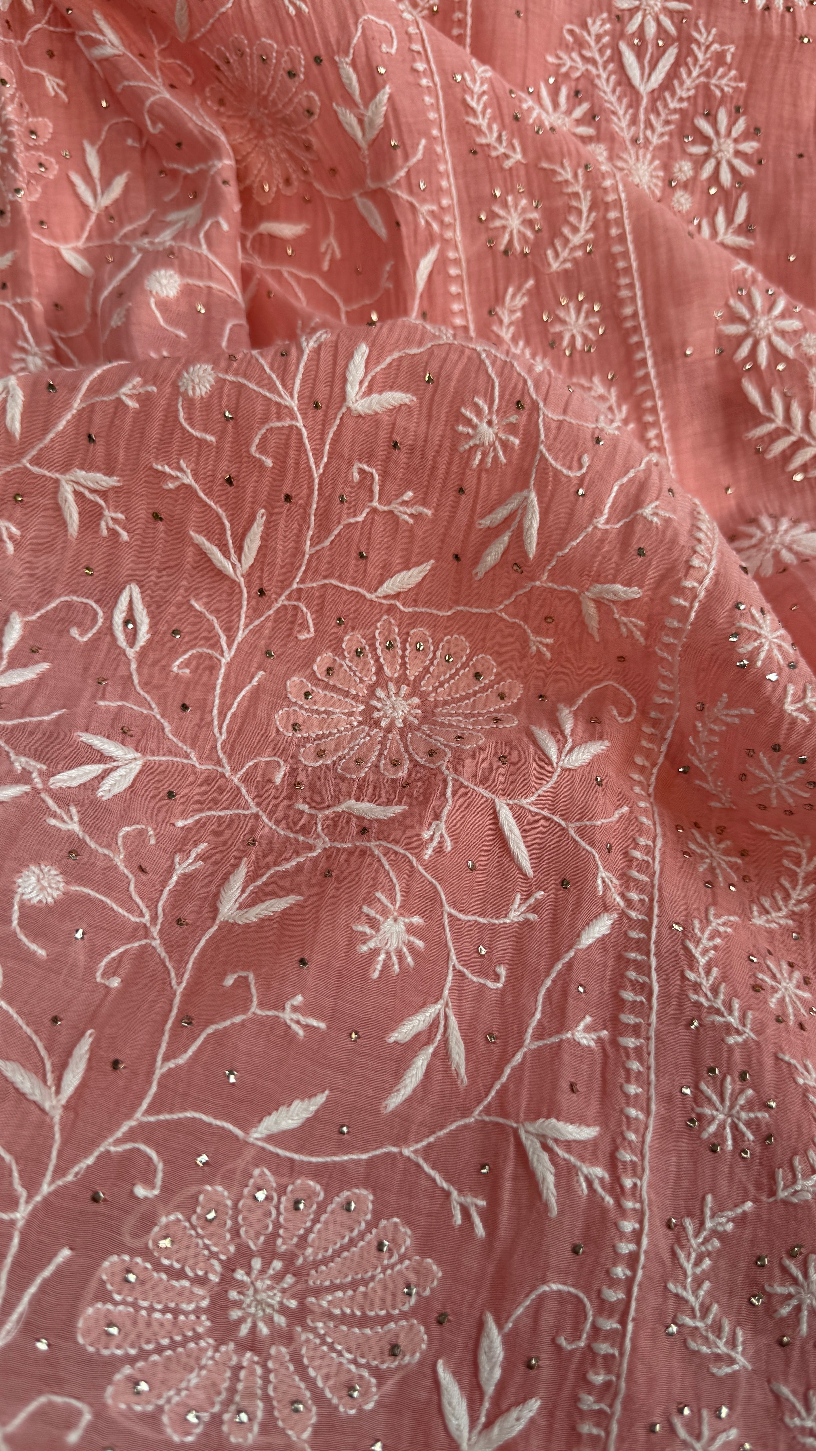 Mul Chanderi Chikankari Unstitched Length with Dupatta with Mukaish Add-On - Carrot Pink