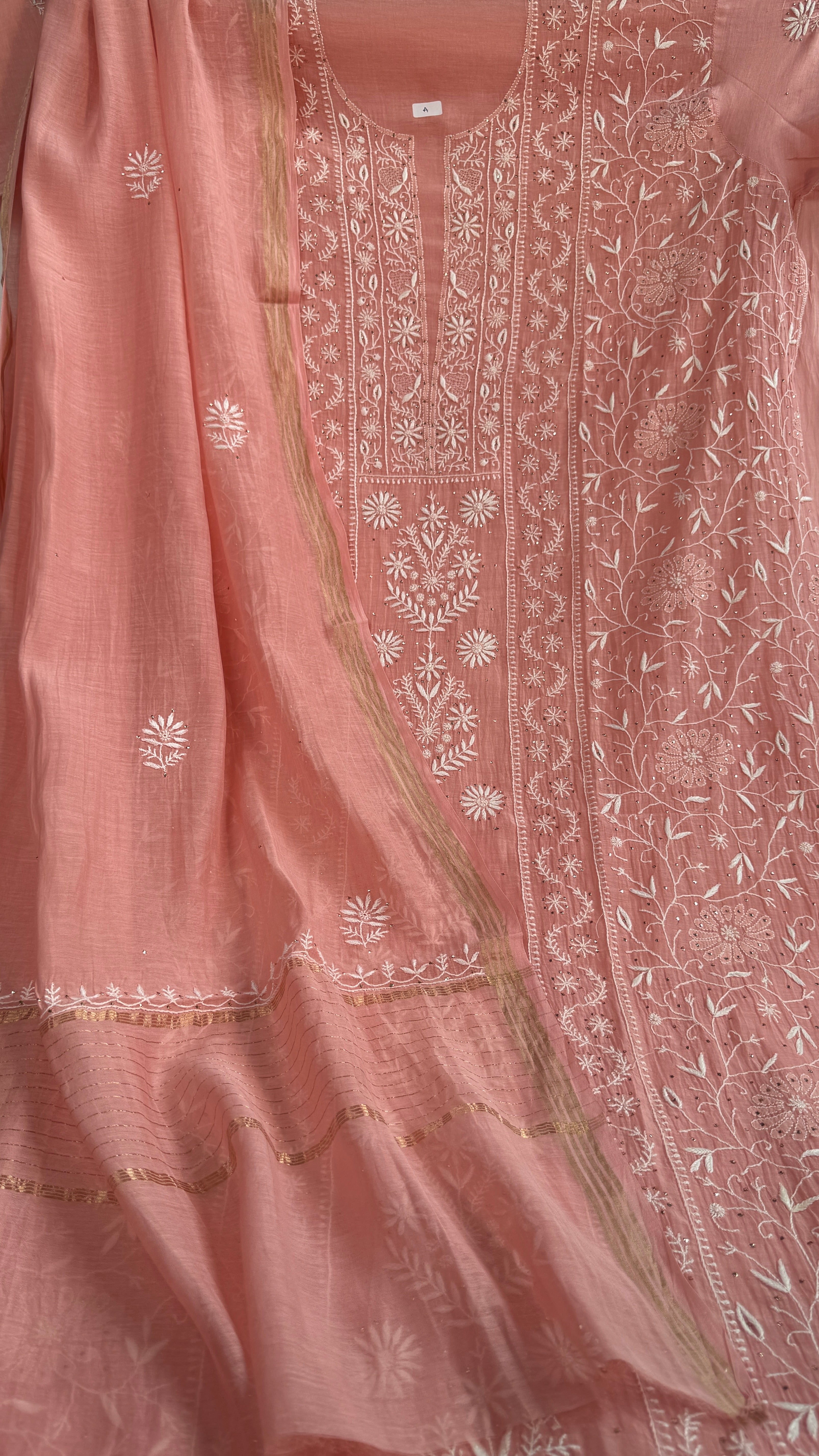 Mul Chanderi Chikankari Unstitched Length with Dupatta with Mukaish Add-On - Carrot Pink