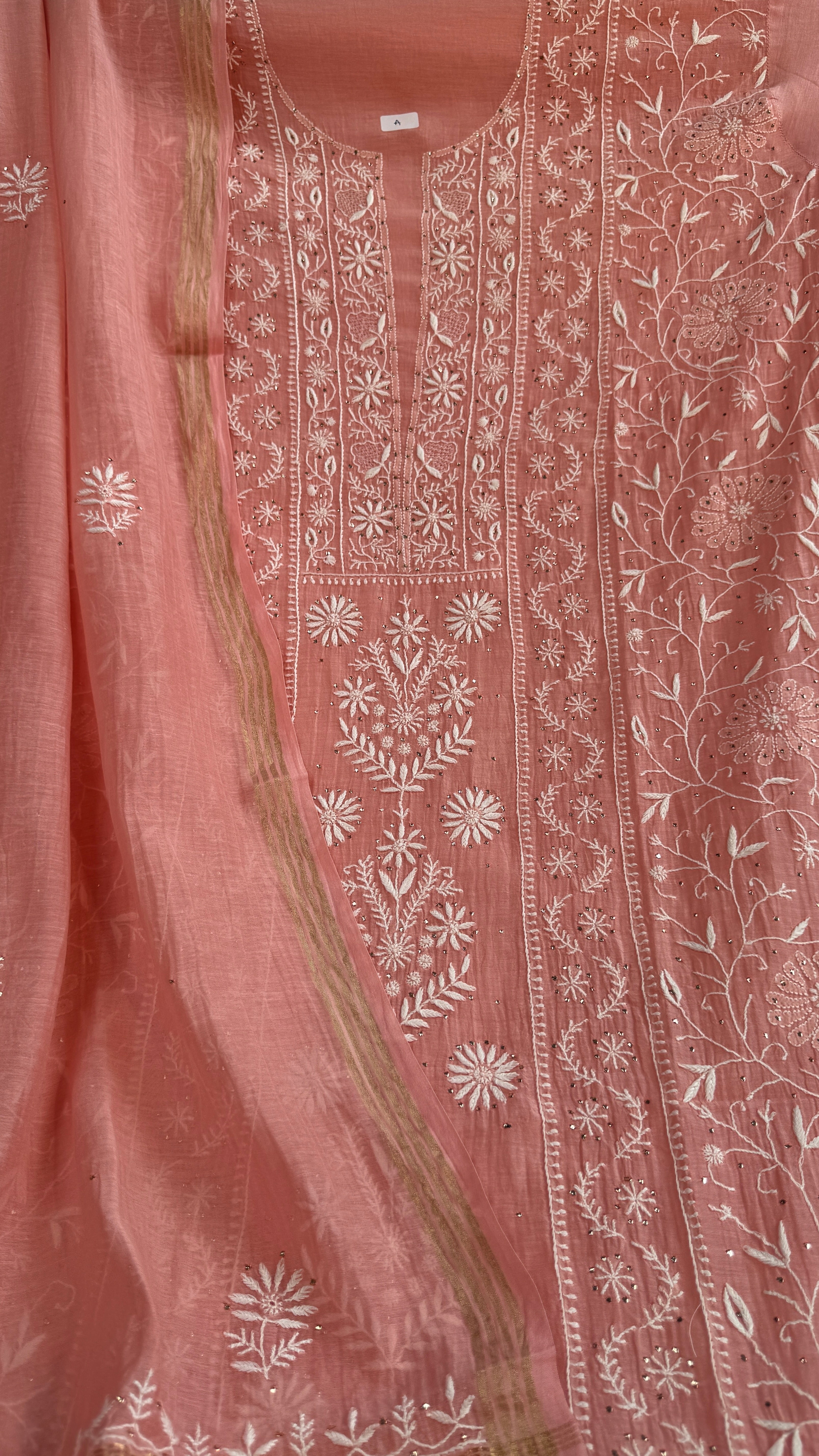 Mul Chanderi Chikankari Unstitched Length with Dupatta with Mukaish Add-On - Carrot Pink