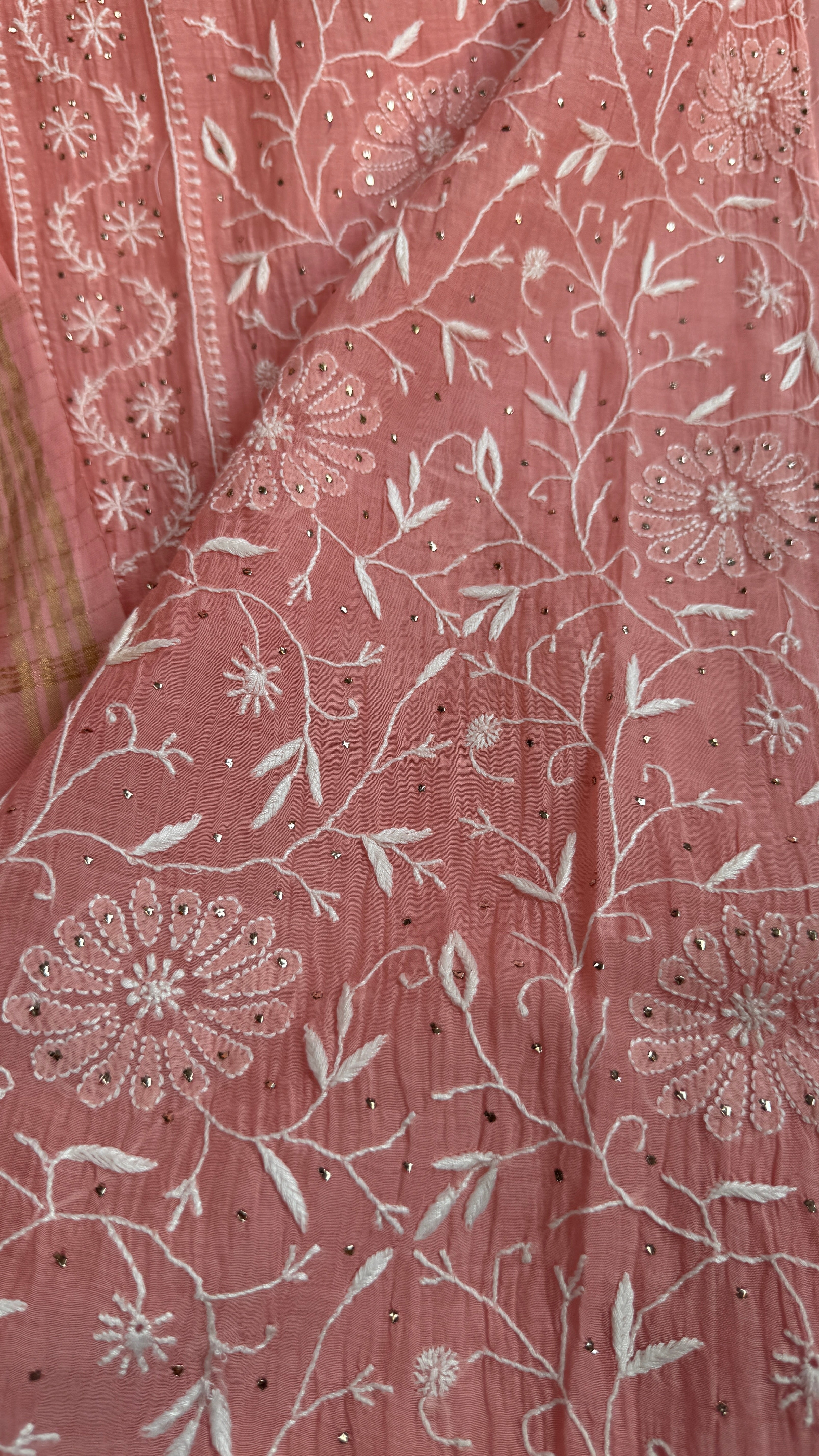 Mul Chanderi Chikankari Unstitched Length with Dupatta with Mukaish Add-On - Carrot Pink