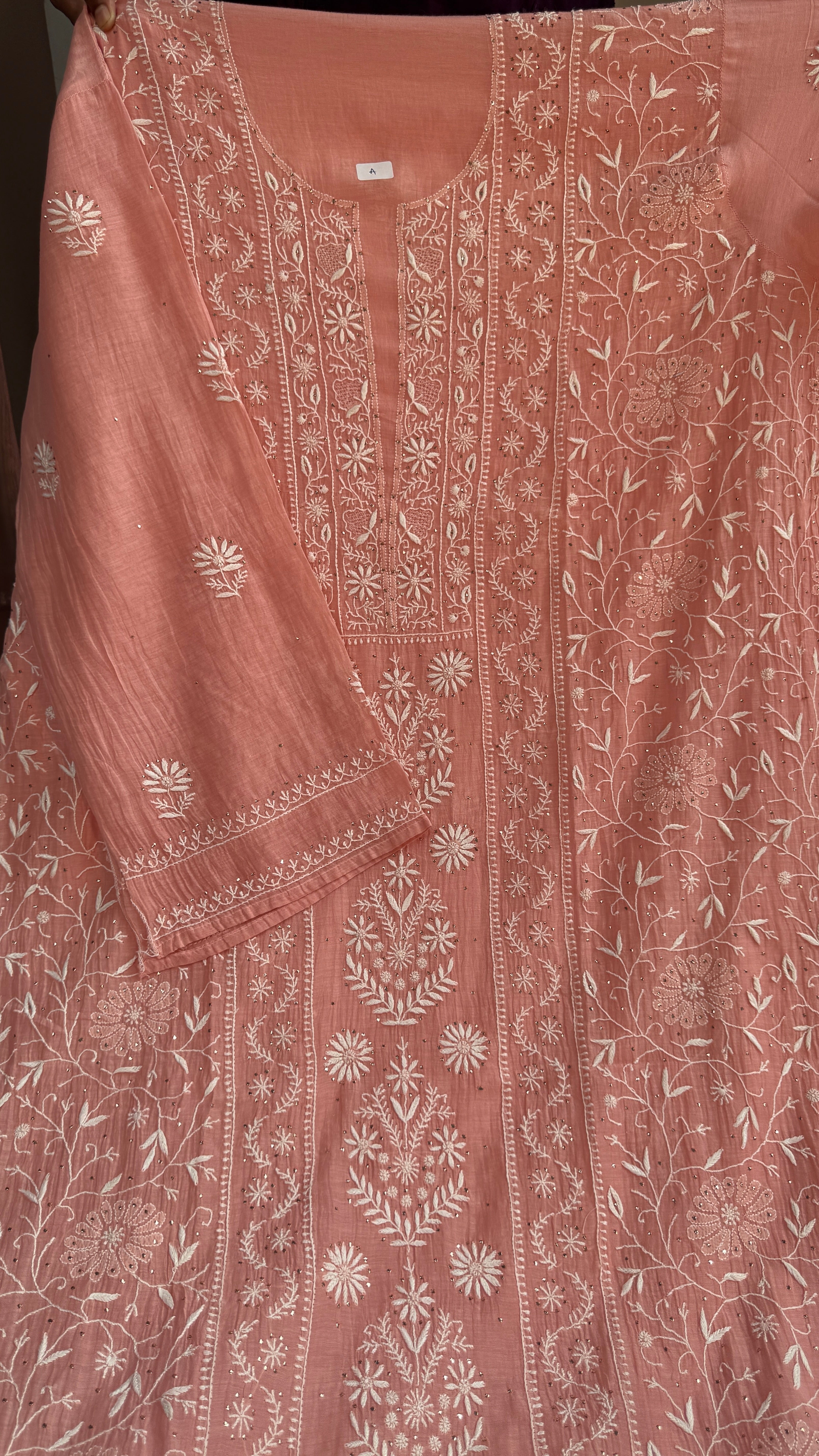 Mul Chanderi Chikankari Unstitched Length with Dupatta with Mukaish Add-On - Carrot Pink