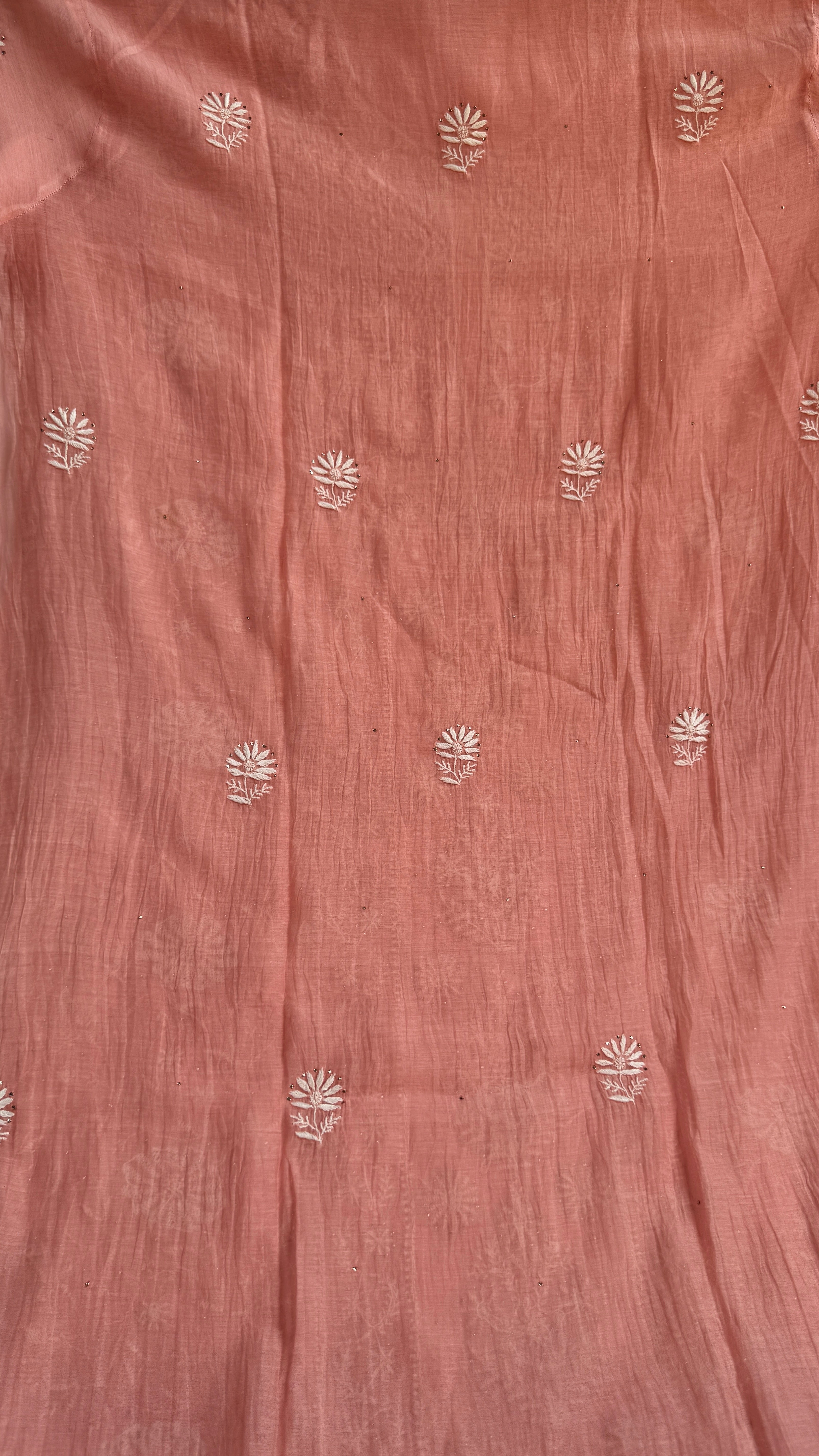 Mul Chanderi Chikankari Unstitched Length with Dupatta with Mukaish Add-On - Carrot Pink