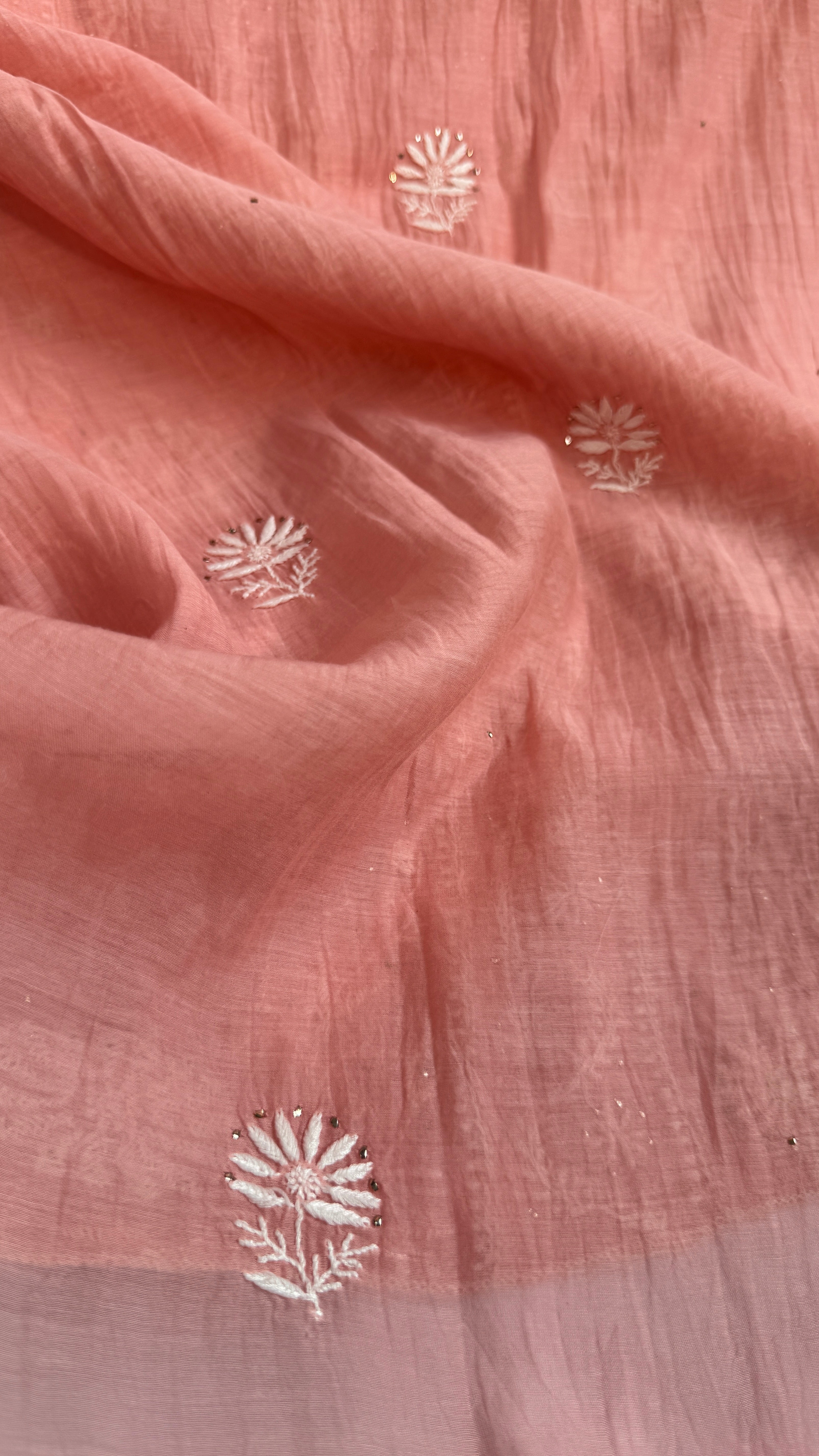 Mul Chanderi Chikankari Unstitched Length with Dupatta with Mukaish Add-On - Carrot Pink
