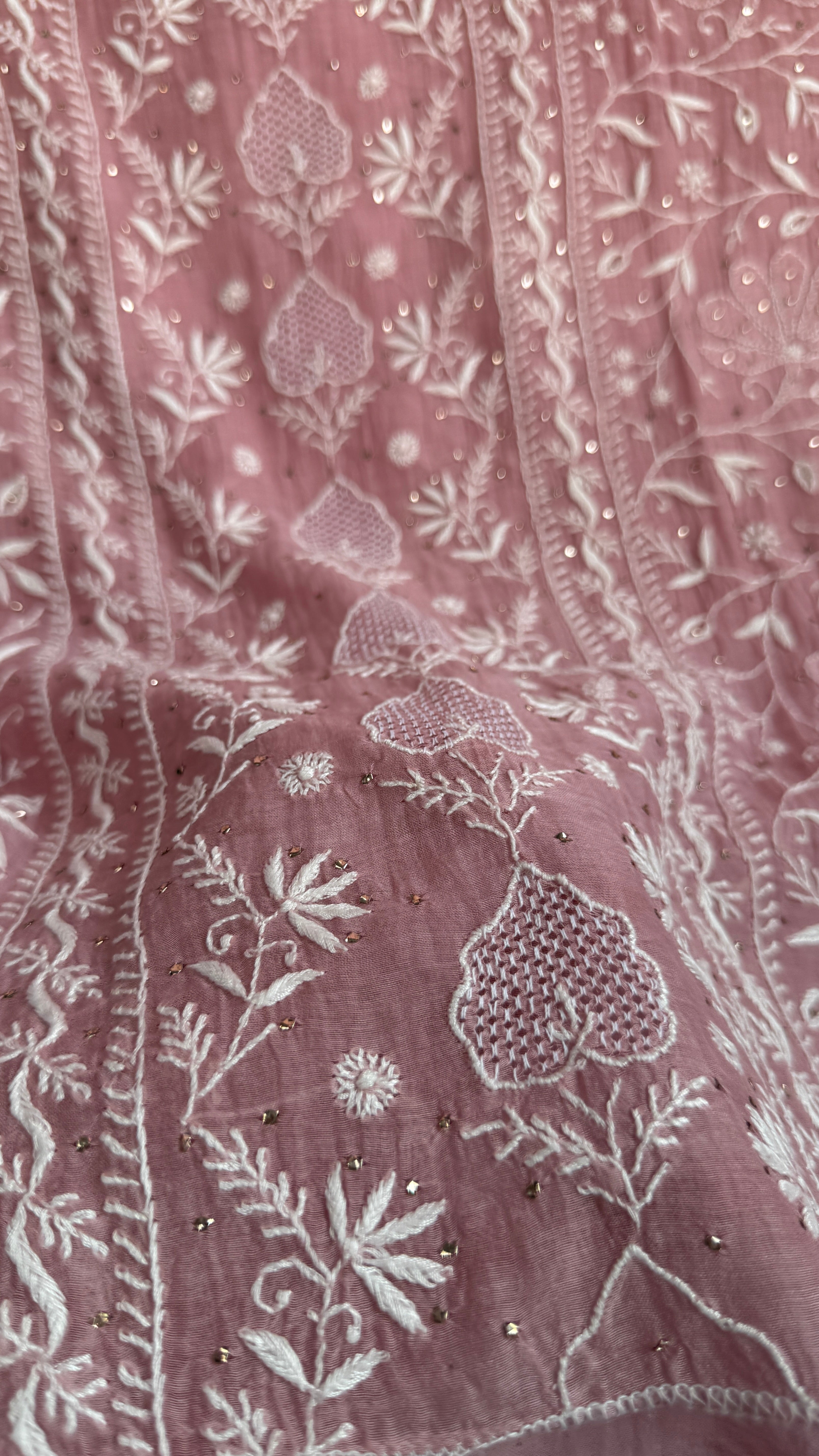 Mul Chanderi Chikankari Unstitched Length with Dupatta with Mukaish Add-On - Mauve