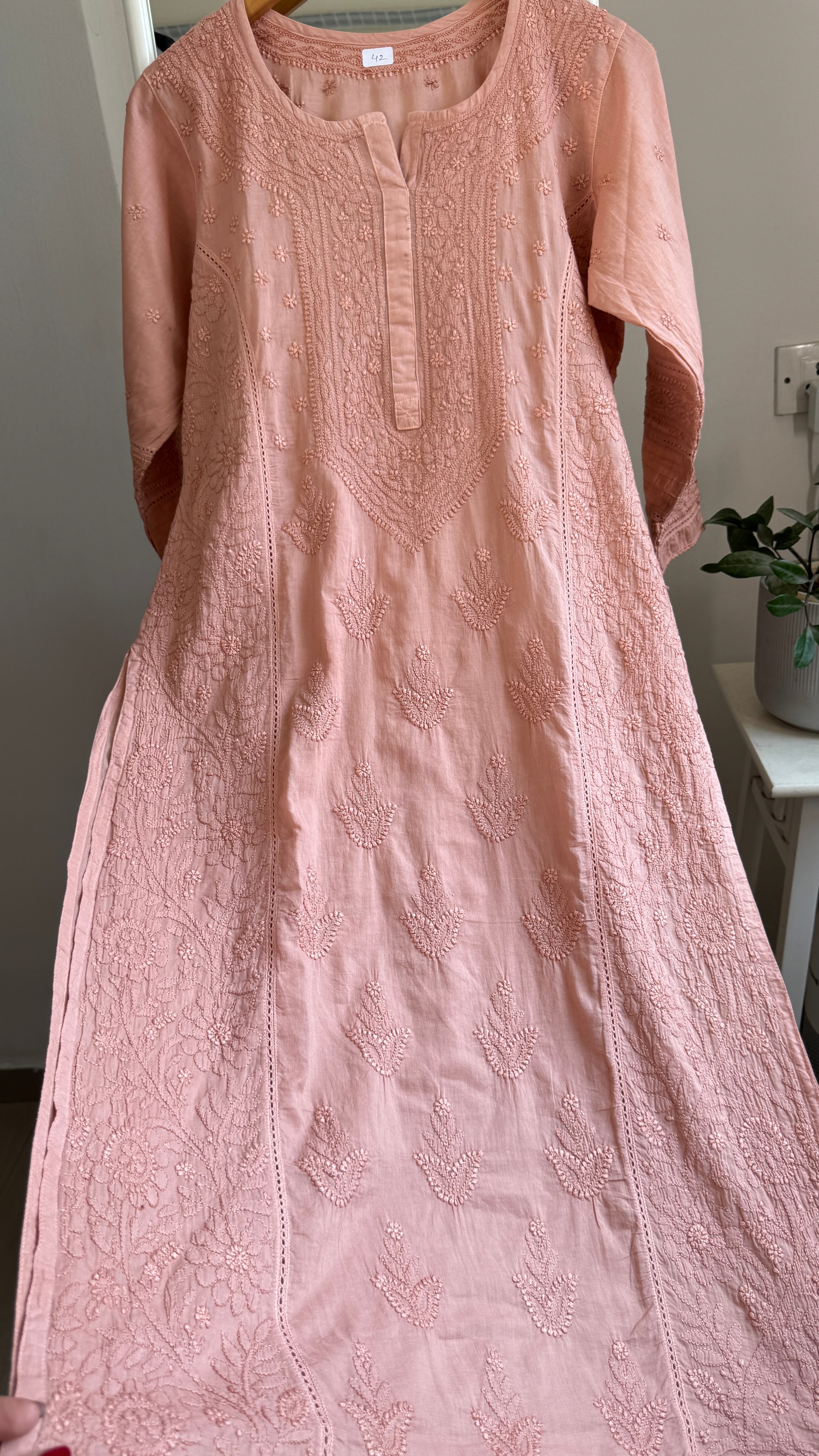 Mul Cotton Chikankari Kurti - Brown - Fiza Collection