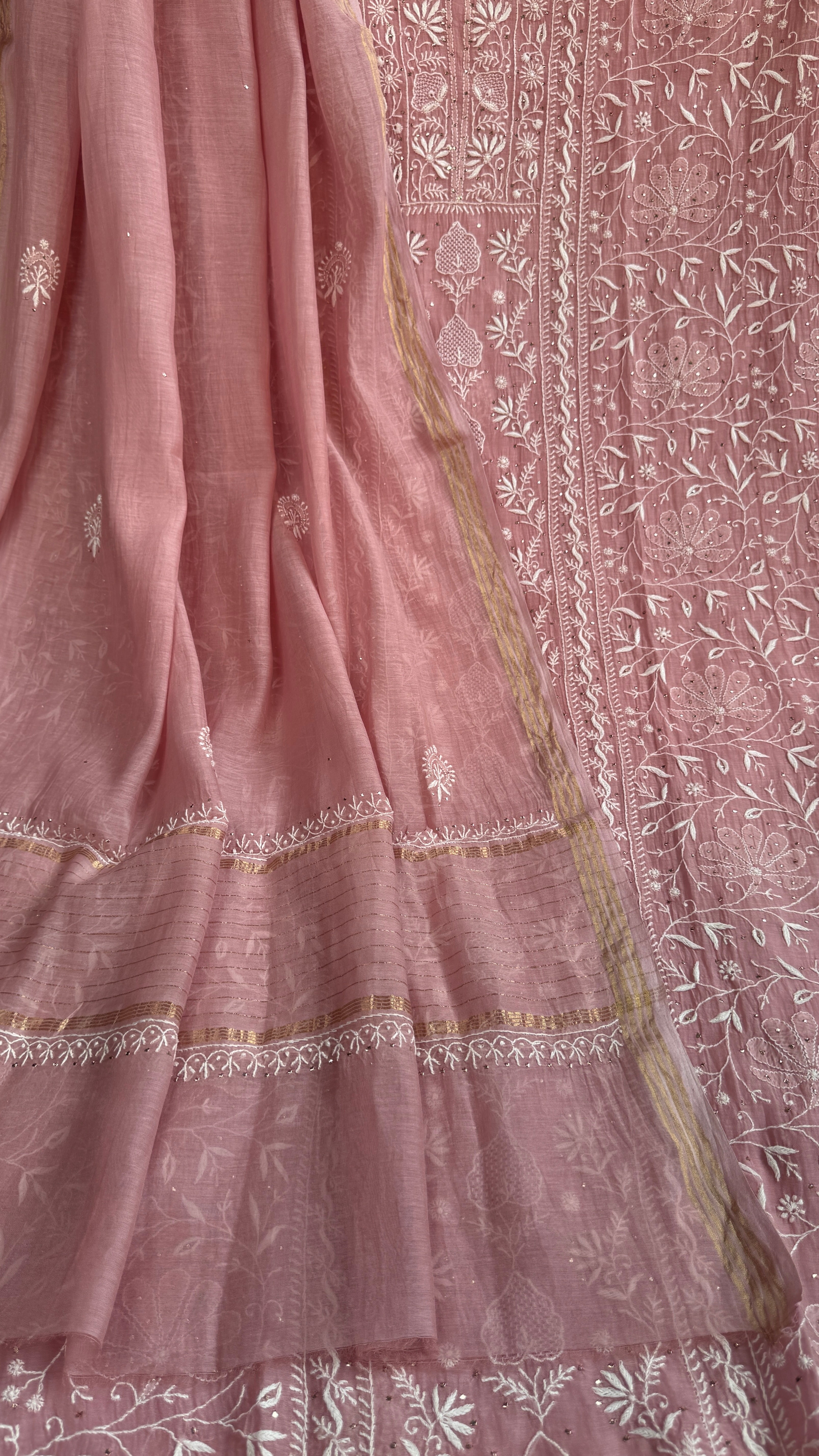 Mul Chanderi Chikankari Unstitched Length with Dupatta with Mukaish Add-On - Mauve