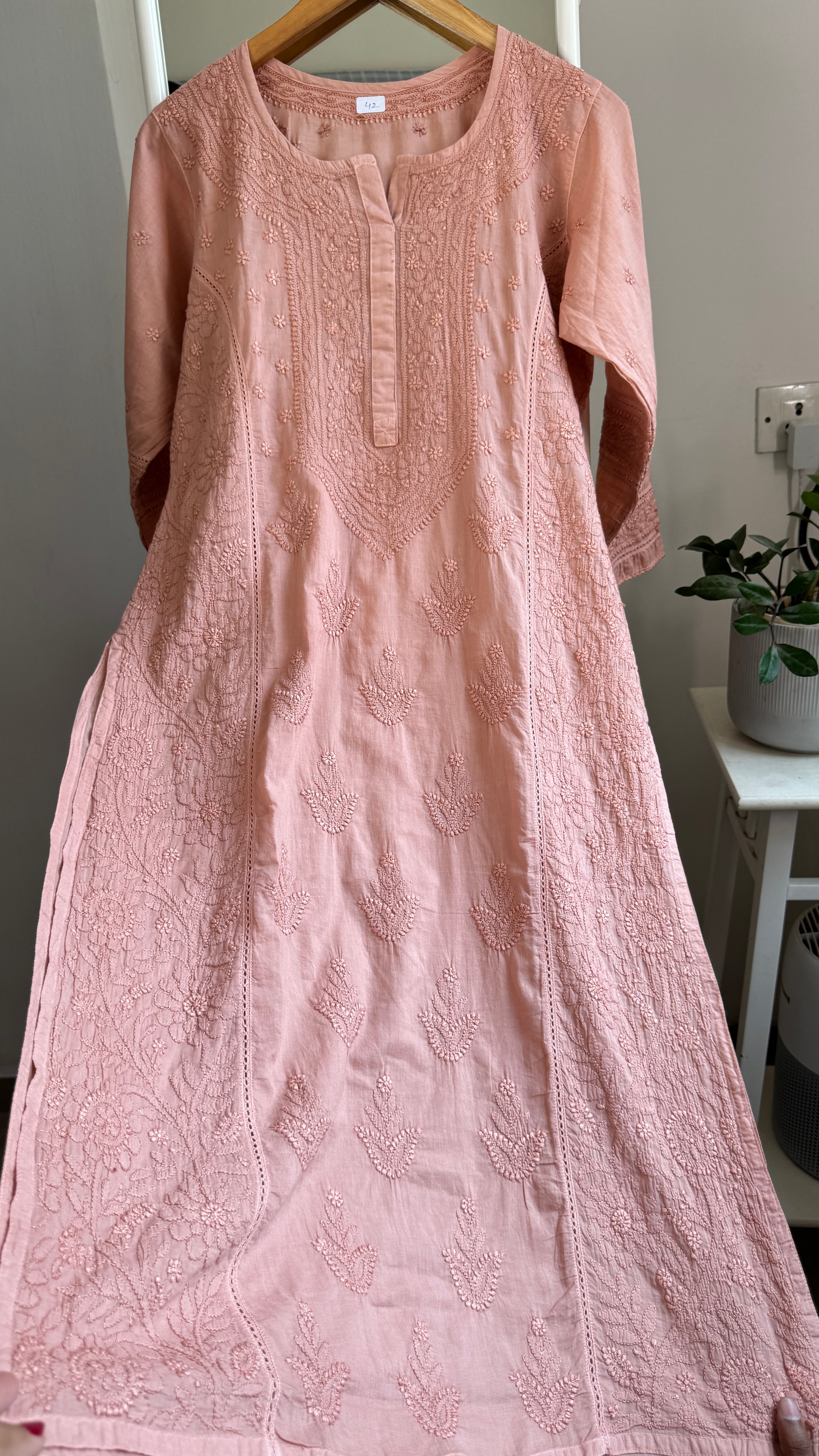 Mul Cotton Chikankari Kurti - Brown - Fiza Collection