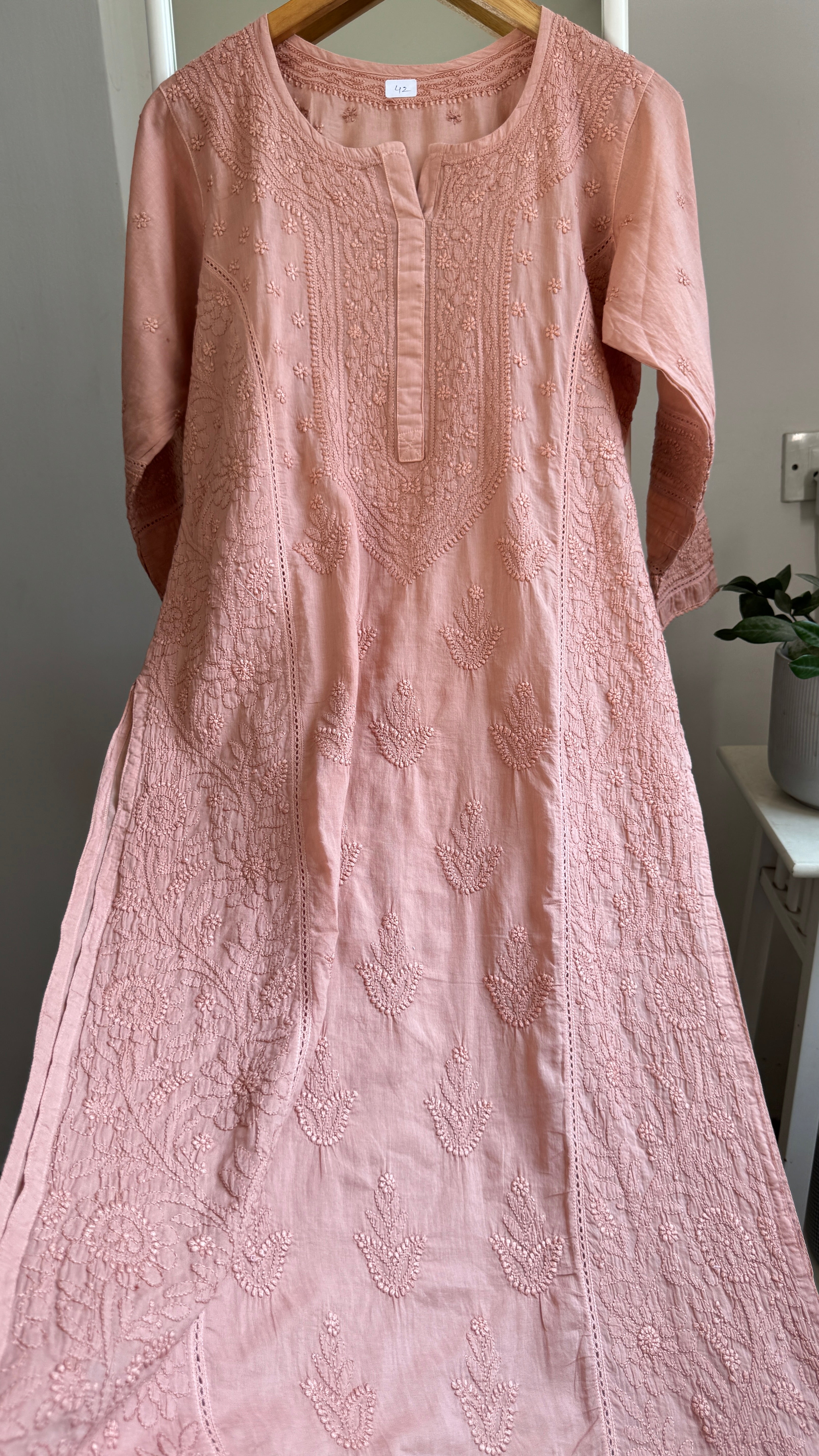 Mul Cotton Chikankari Kurti - Brown - Fiza Collection