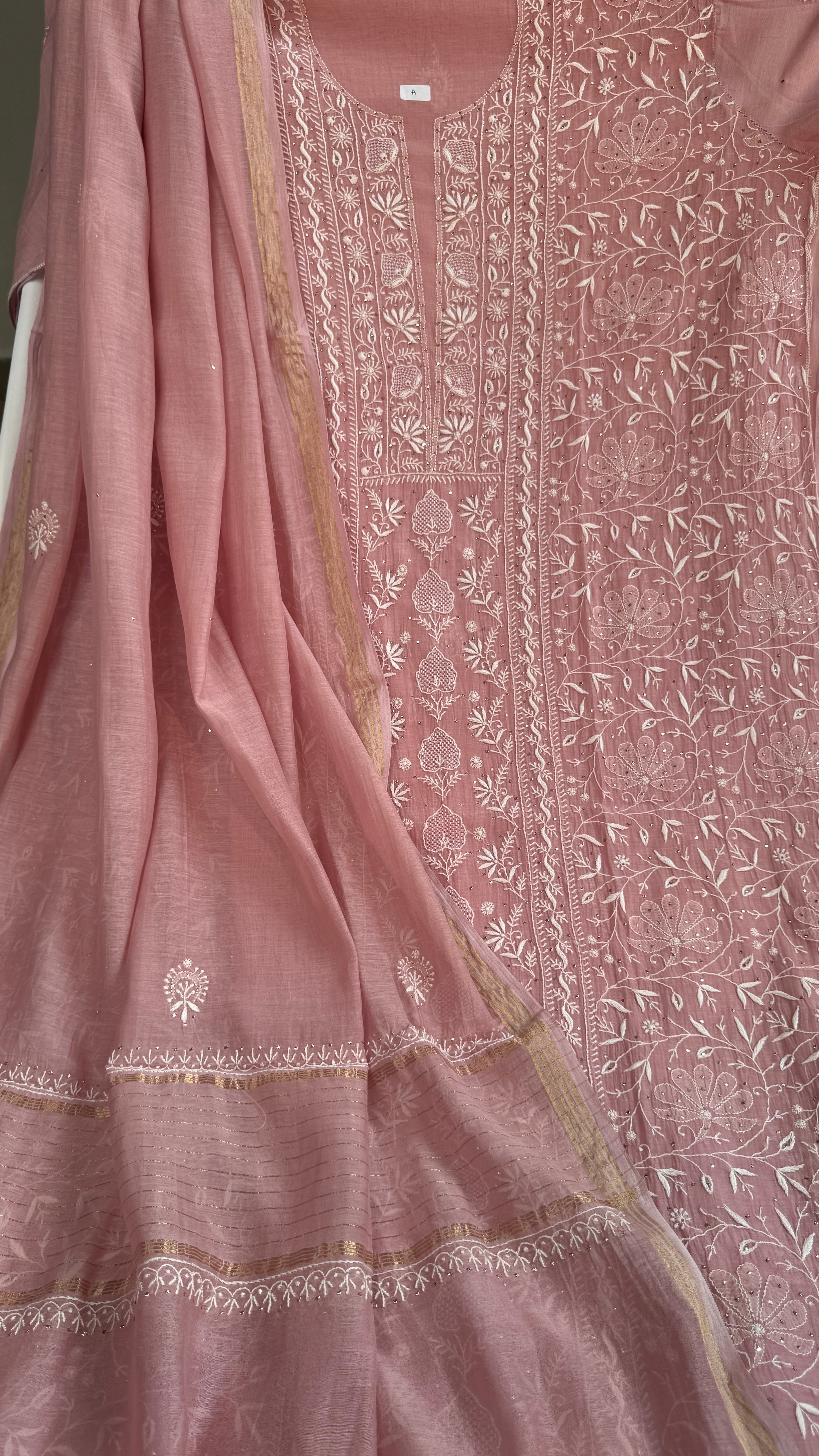 Mul Chanderi Chikankari Unstitched Length with Dupatta with Mukaish Add-On - Mauve