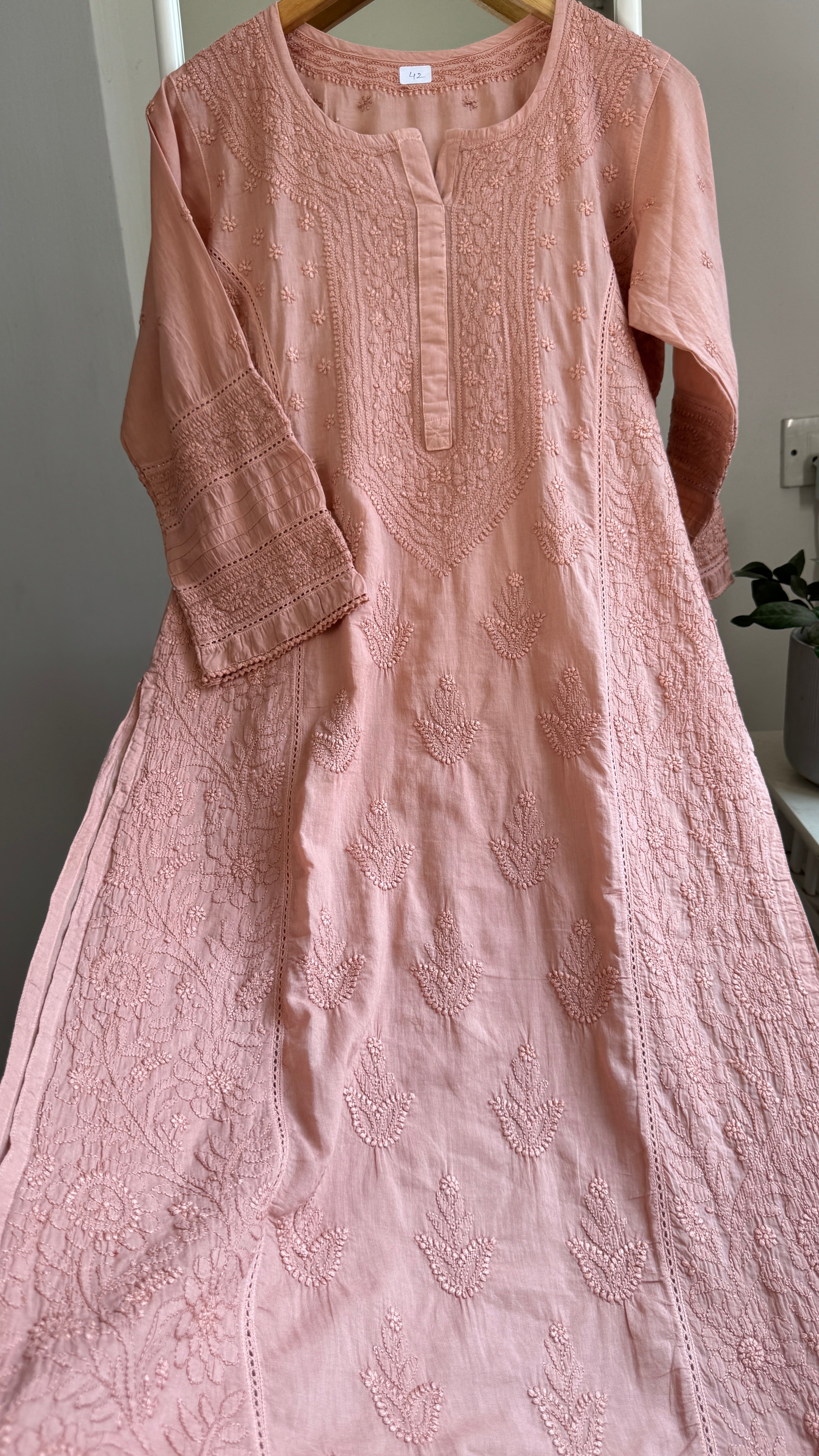 Mul Cotton Chikankari Kurti - Brown - Fiza Collection