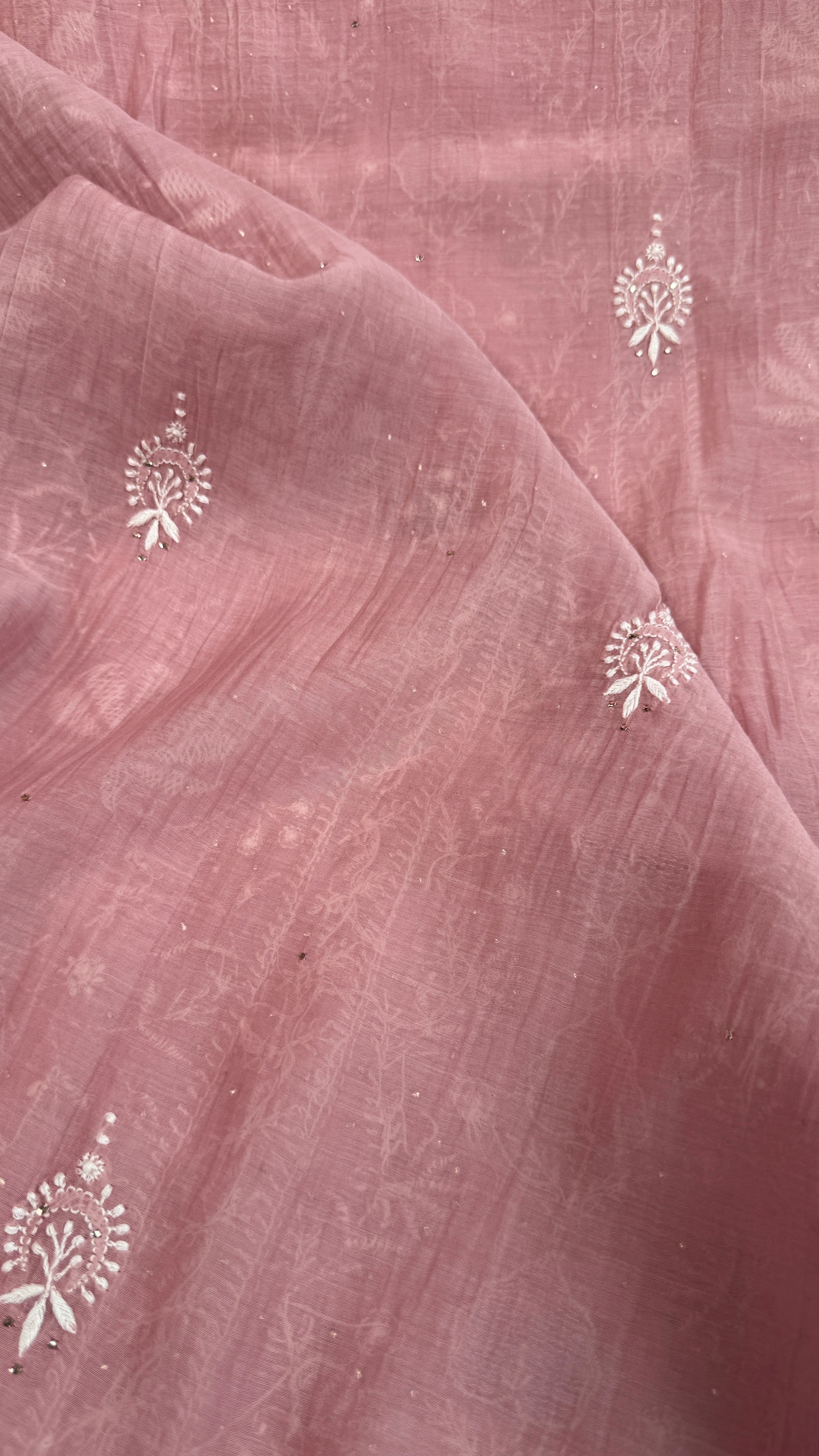 Mul Chanderi Chikankari Unstitched Length with Dupatta with Mukaish Add-On - Mauve