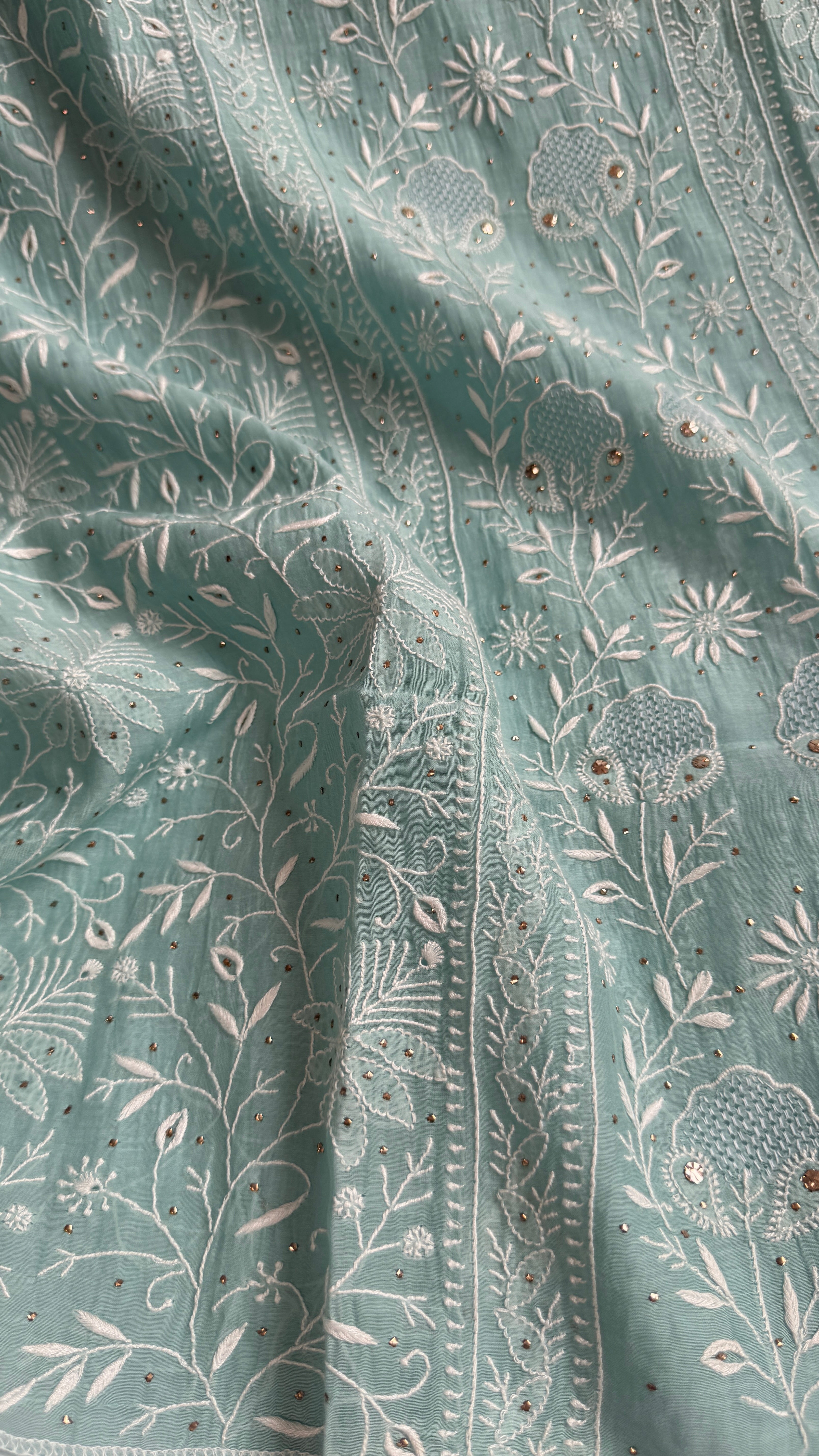 Mul Chanderi Chikankari Unstitched Length with Dupatta with Mukaish Add-On - Tiffany