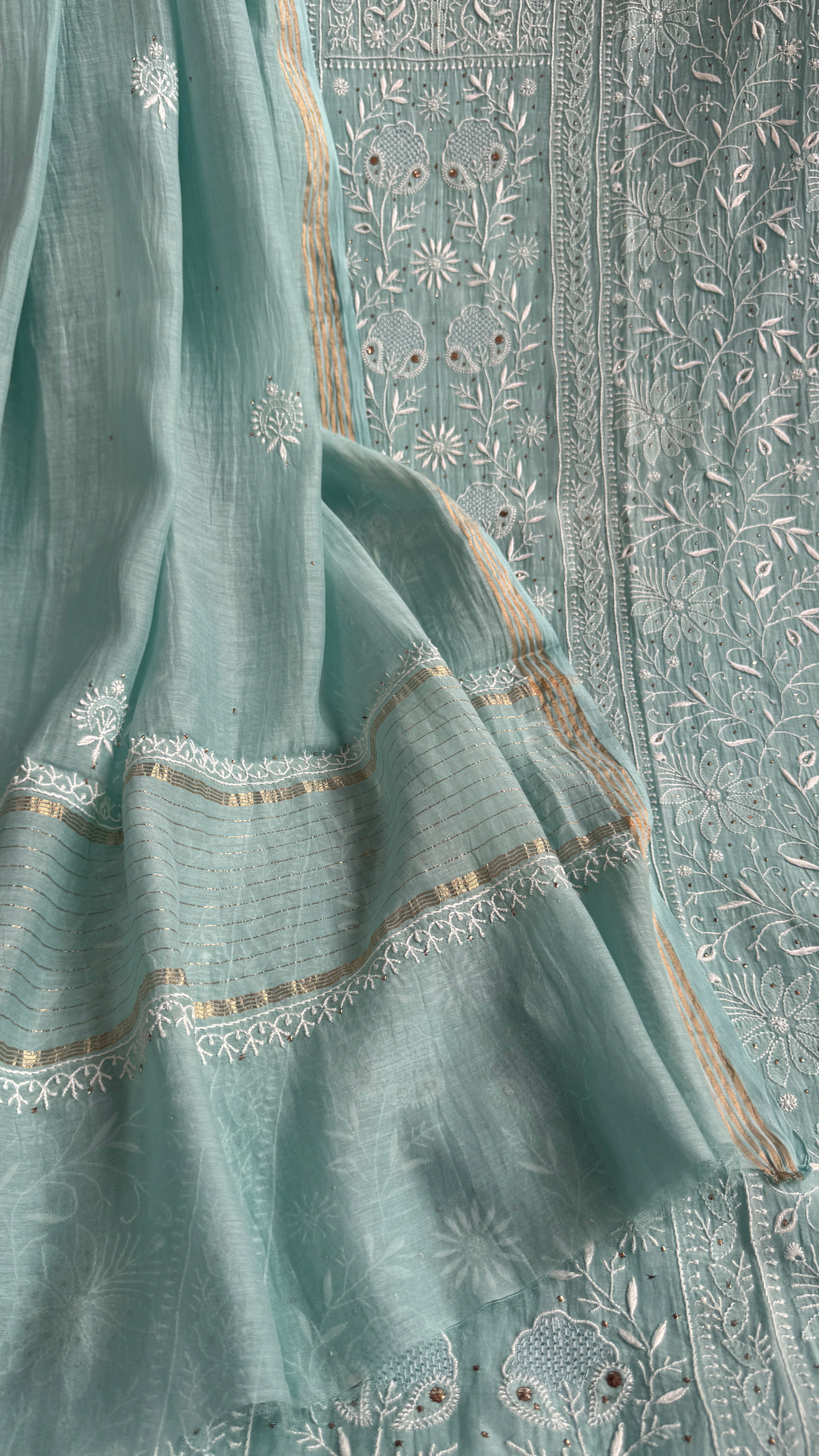 Mul Chanderi Chikankari Unstitched Length with Dupatta with Mukaish Add-On - Tiffany