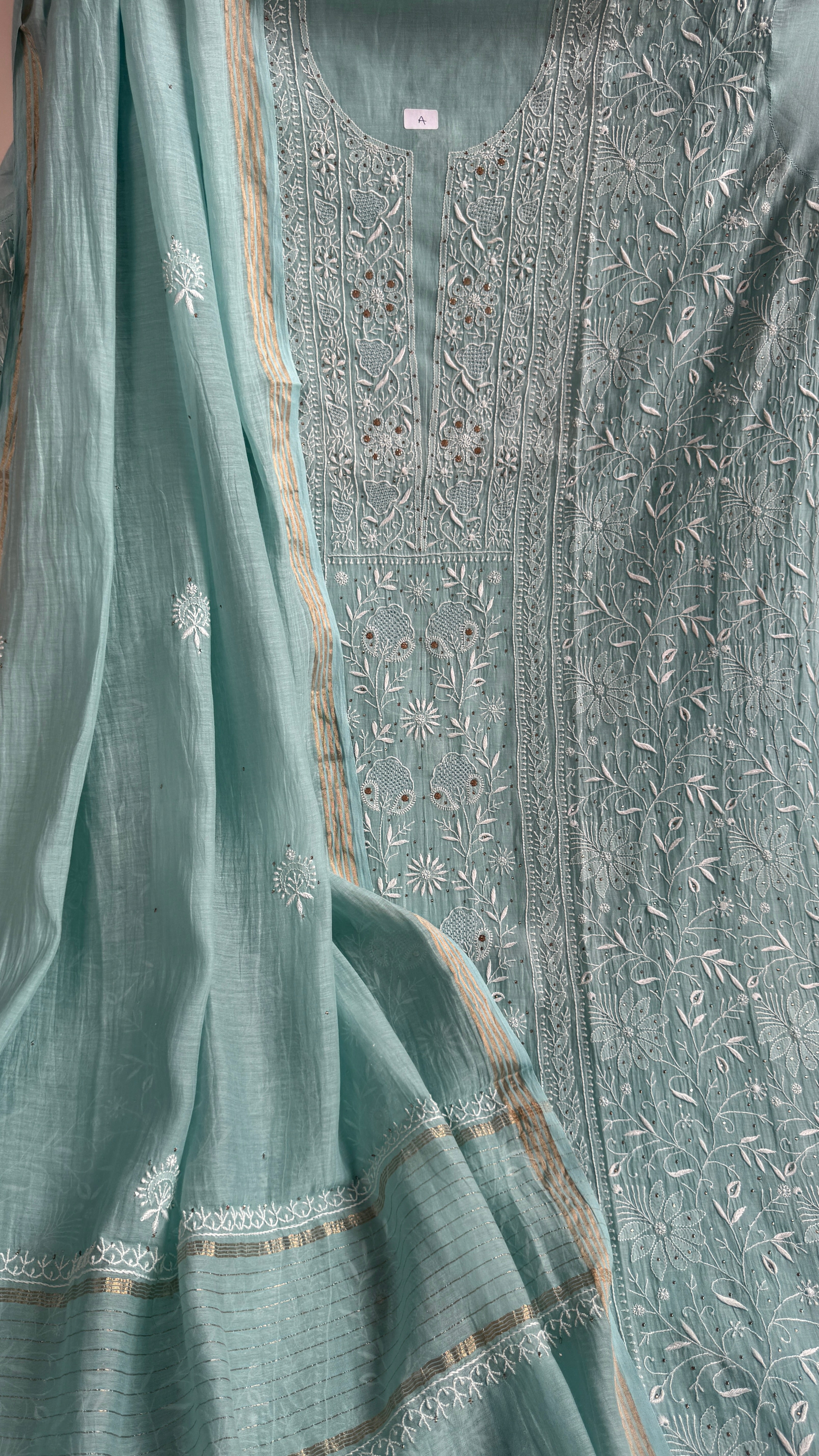 Mul Chanderi Chikankari Unstitched Length with Dupatta with Mukaish Add-On - Tiffany
