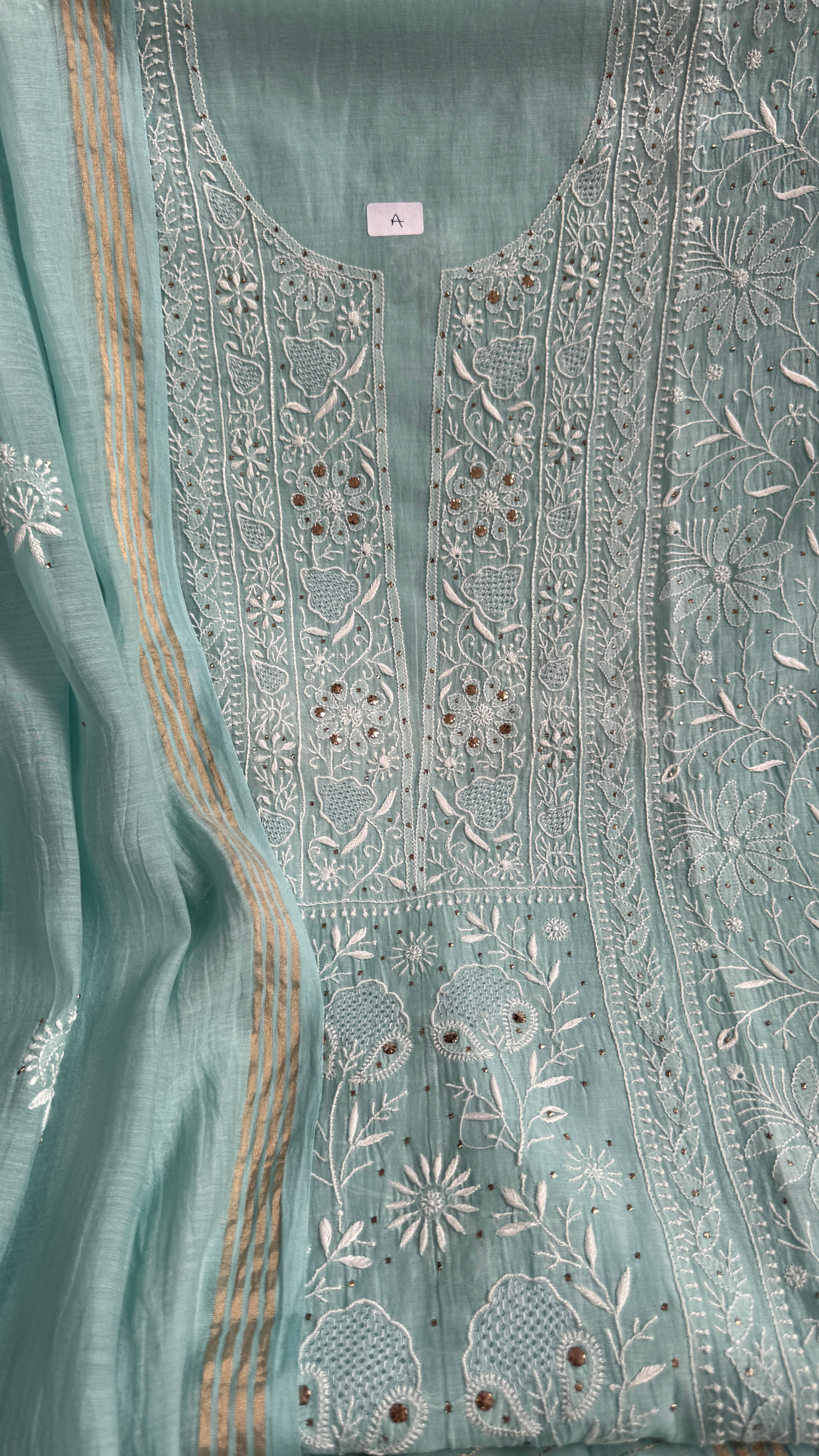 Mul Chanderi Chikankari Unstitched Length with Dupatta with Mukaish Add-On - Tiffany