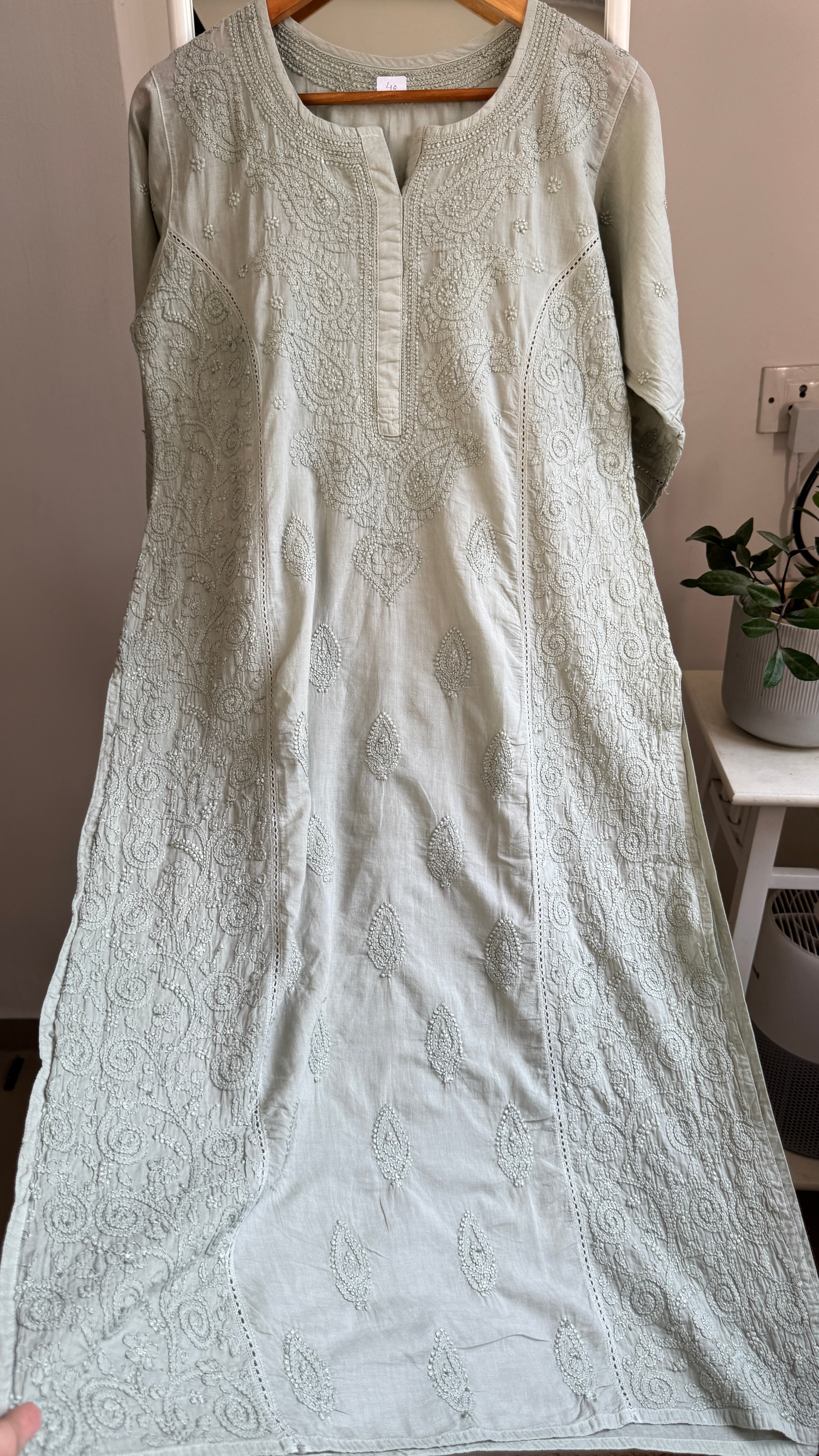 Mul Cotton Chikankari Kurti - Sage Green - Fiza Collection