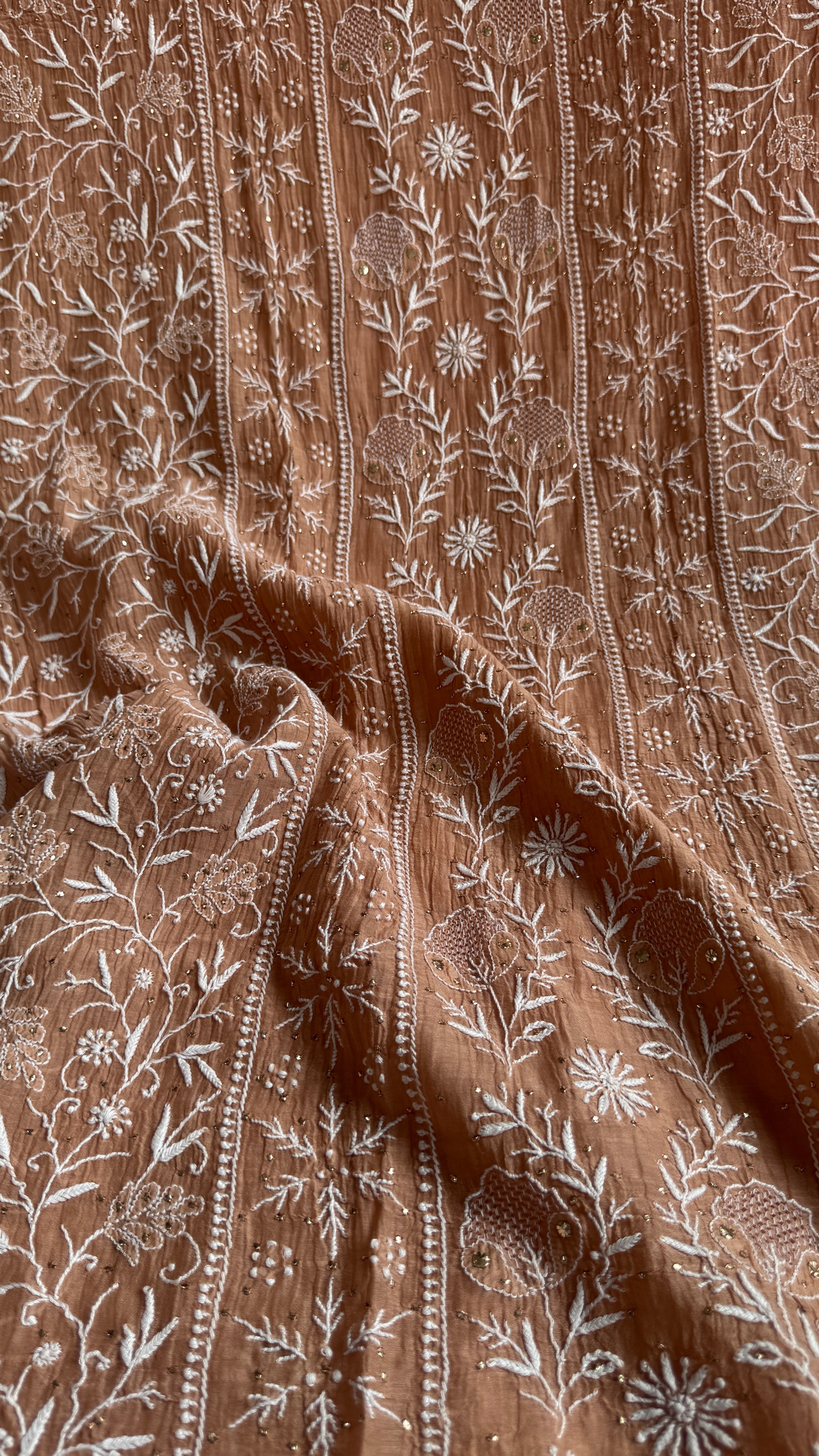 Mul Chanderi Chikankari Unstitched Length with Dupatta with Mukaish Add-On - Soft Brown