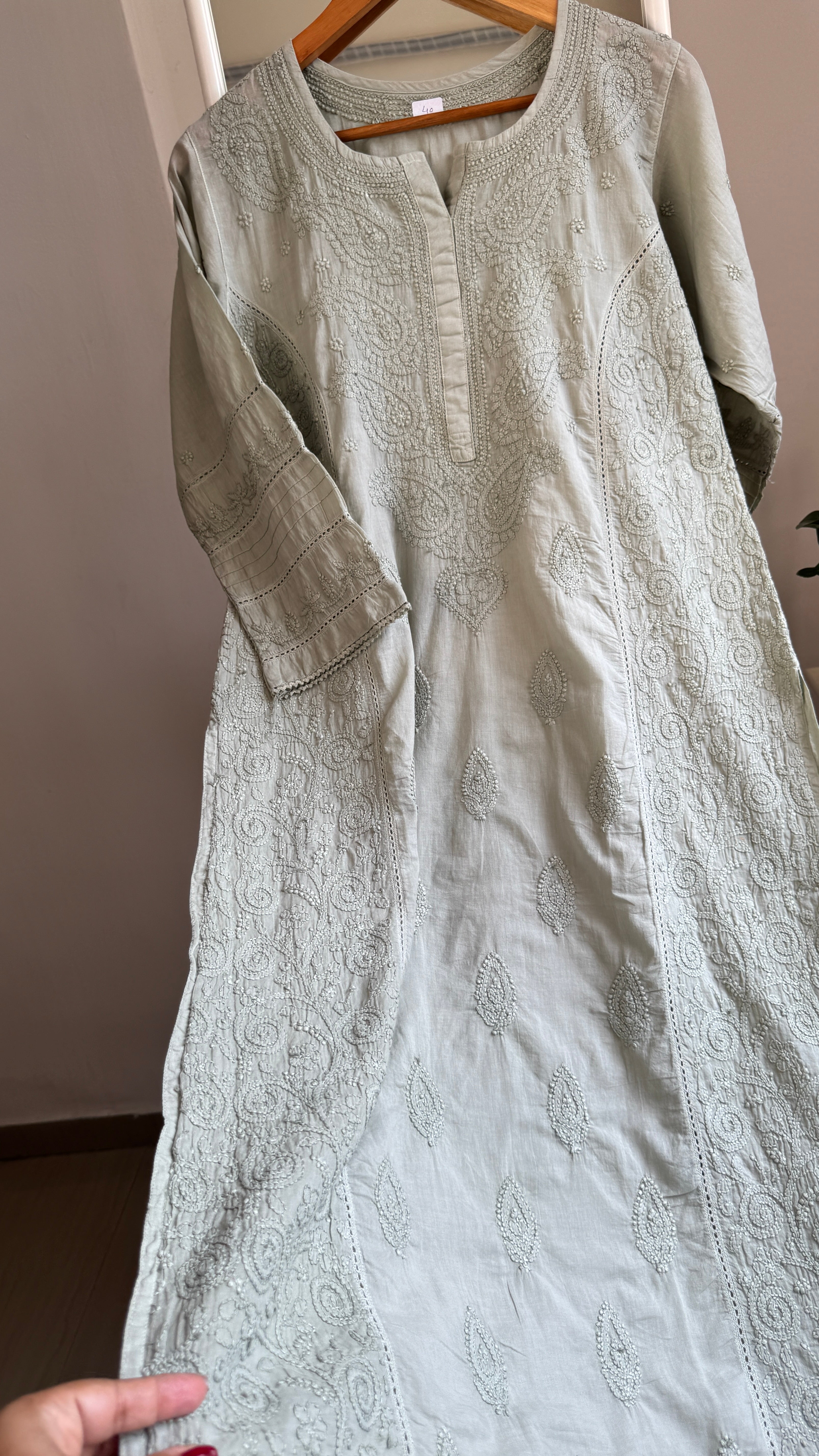 Mul Cotton Chikankari Kurti - Sage Green - Fiza Collection