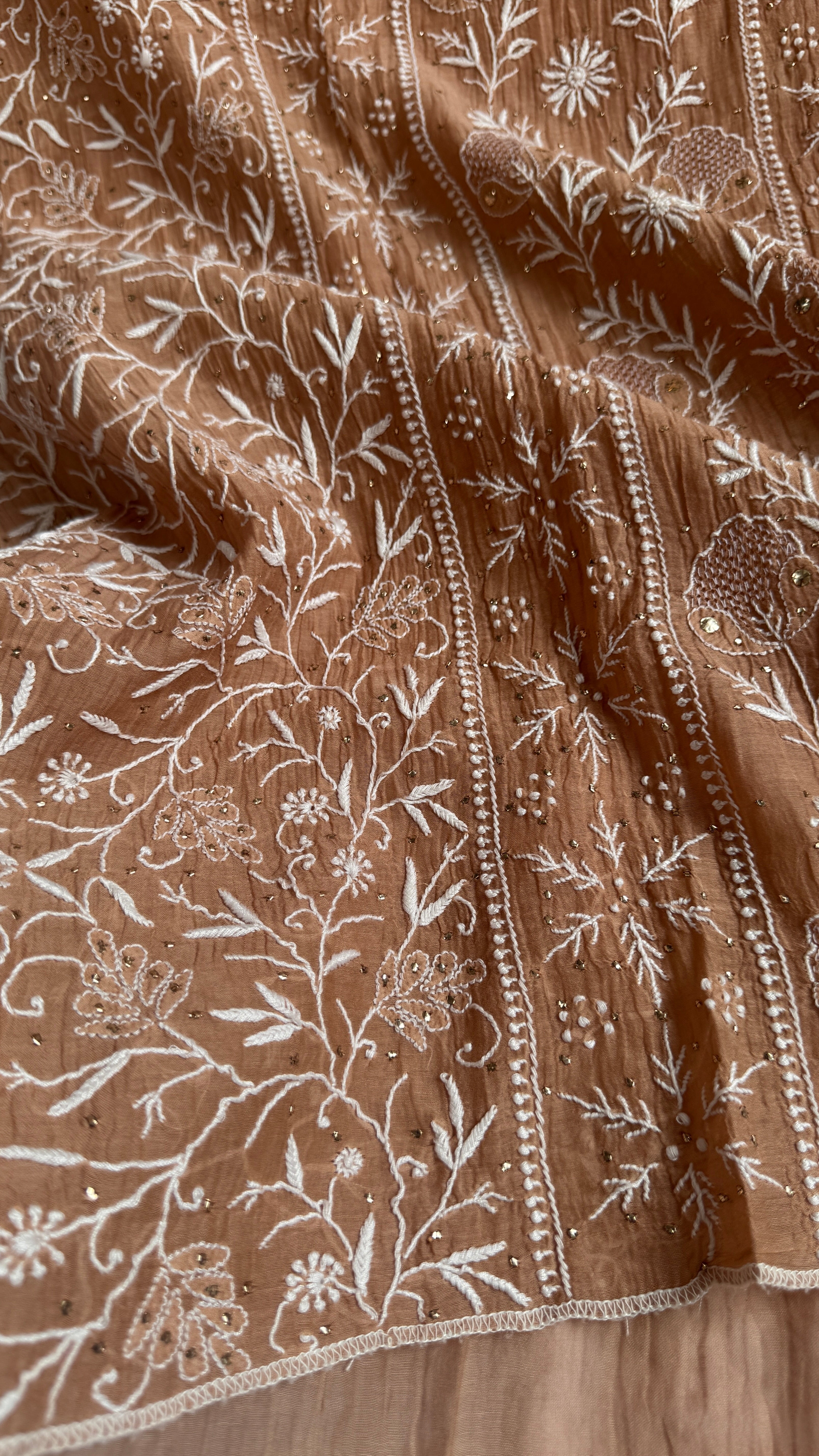 Mul Chanderi Chikankari Unstitched Length with Dupatta with Mukaish Add-On - Soft Brown