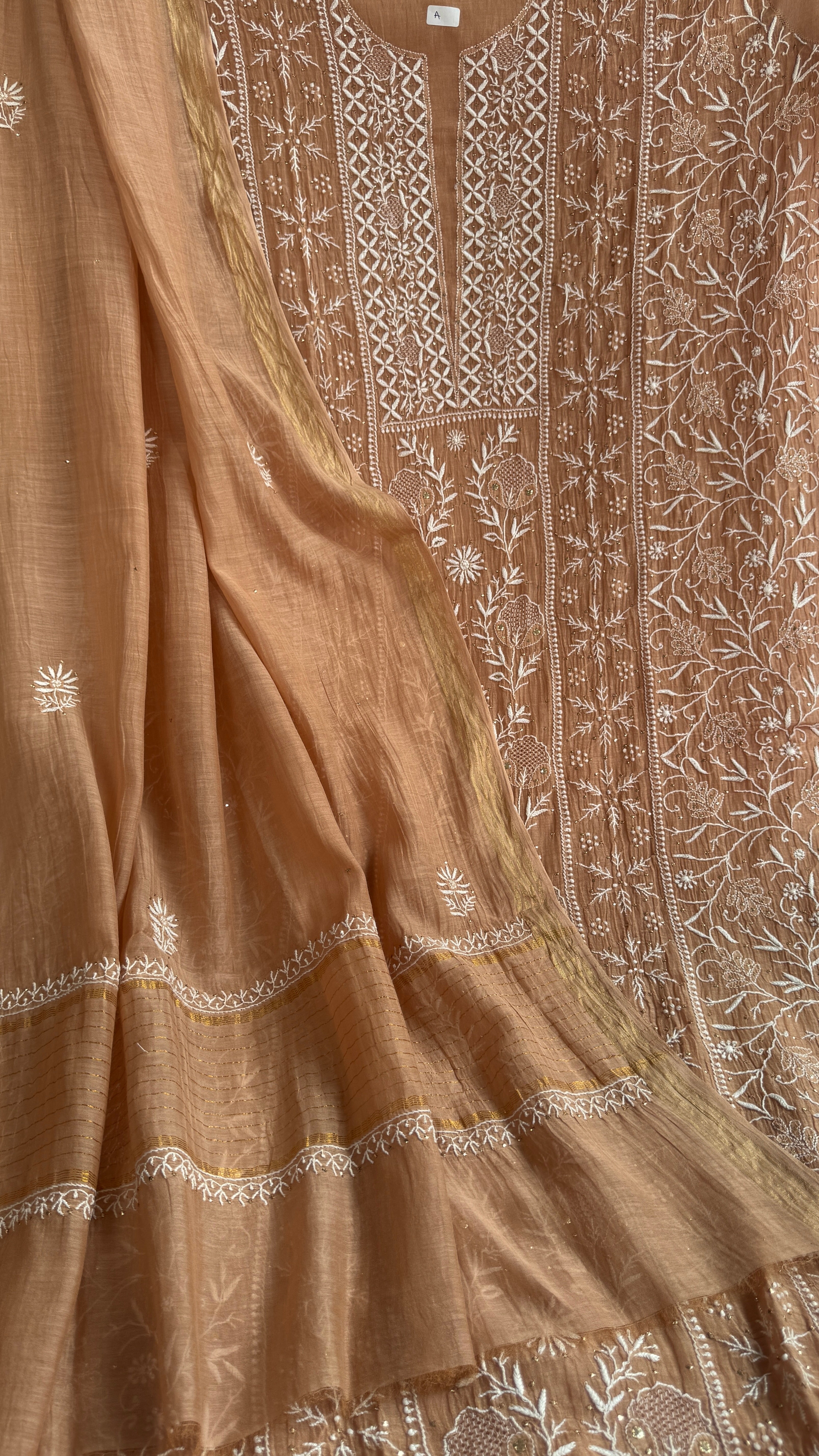 Mul Chanderi Chikankari Unstitched Length with Dupatta with Mukaish Add-On - Soft Brown