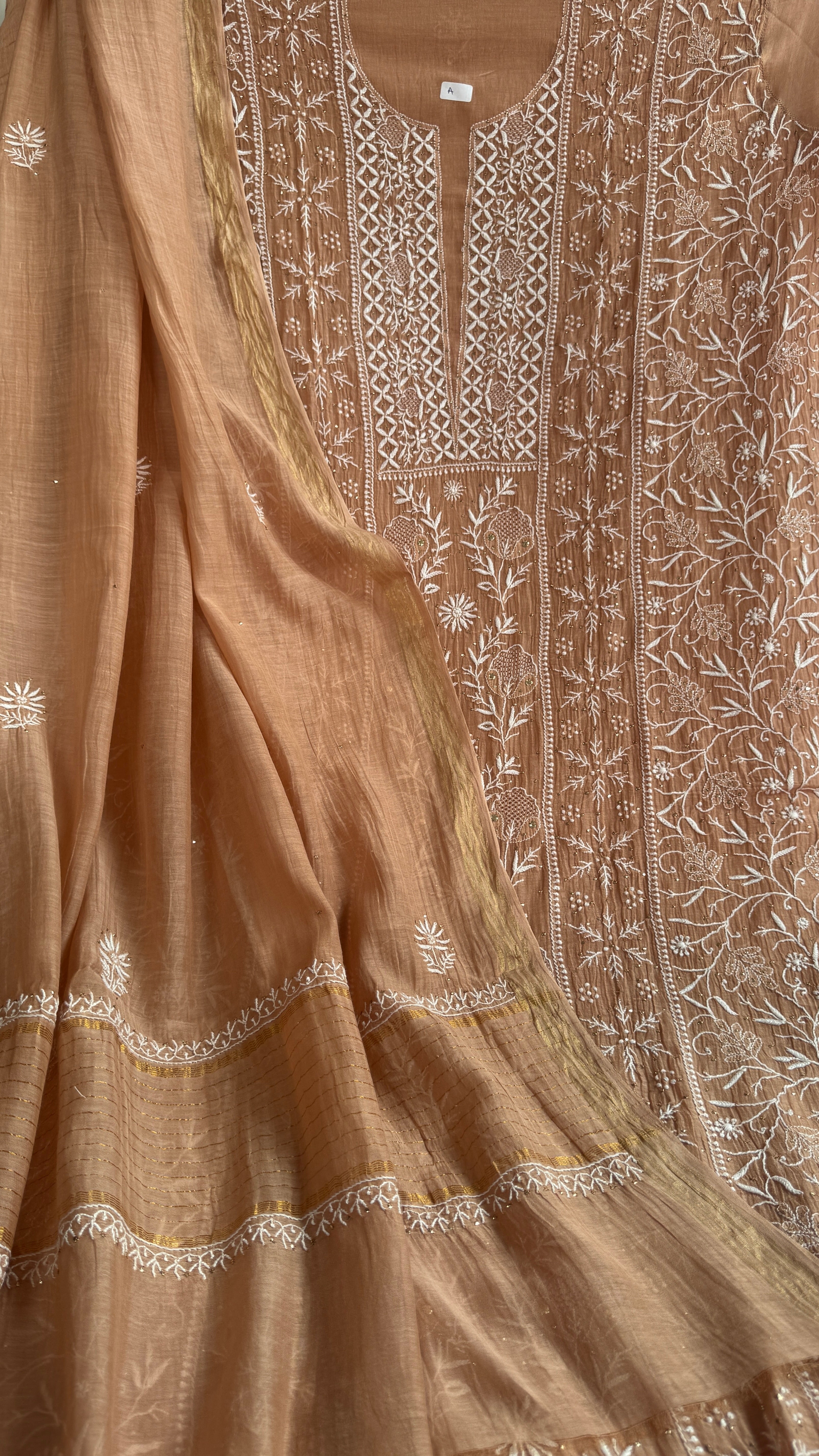 Mul Chanderi Chikankari Unstitched Length with Dupatta with Mukaish Add-On - Soft Brown