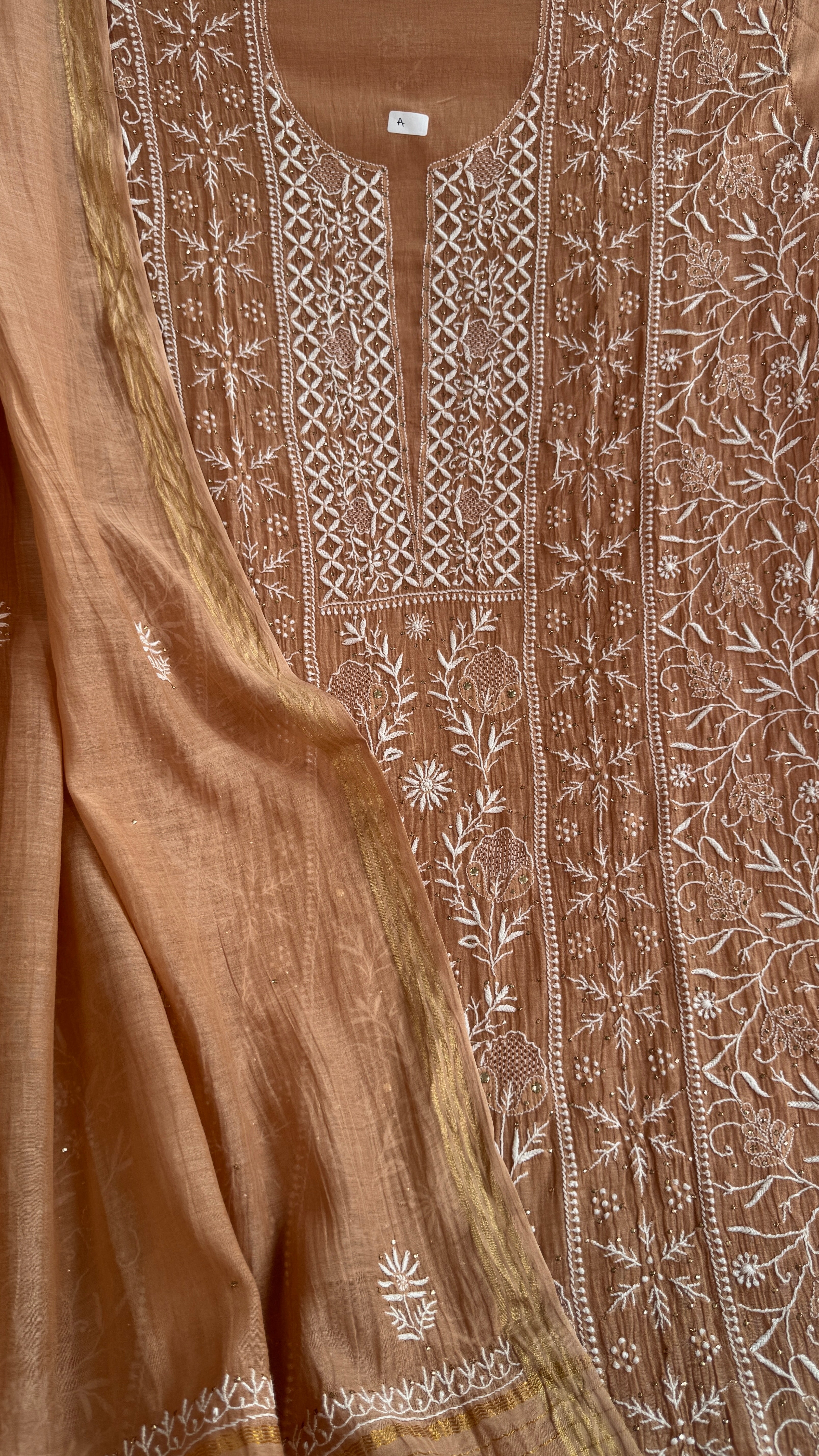 Mul Chanderi Chikankari Unstitched Length with Dupatta with Mukaish Add-On - Soft Brown