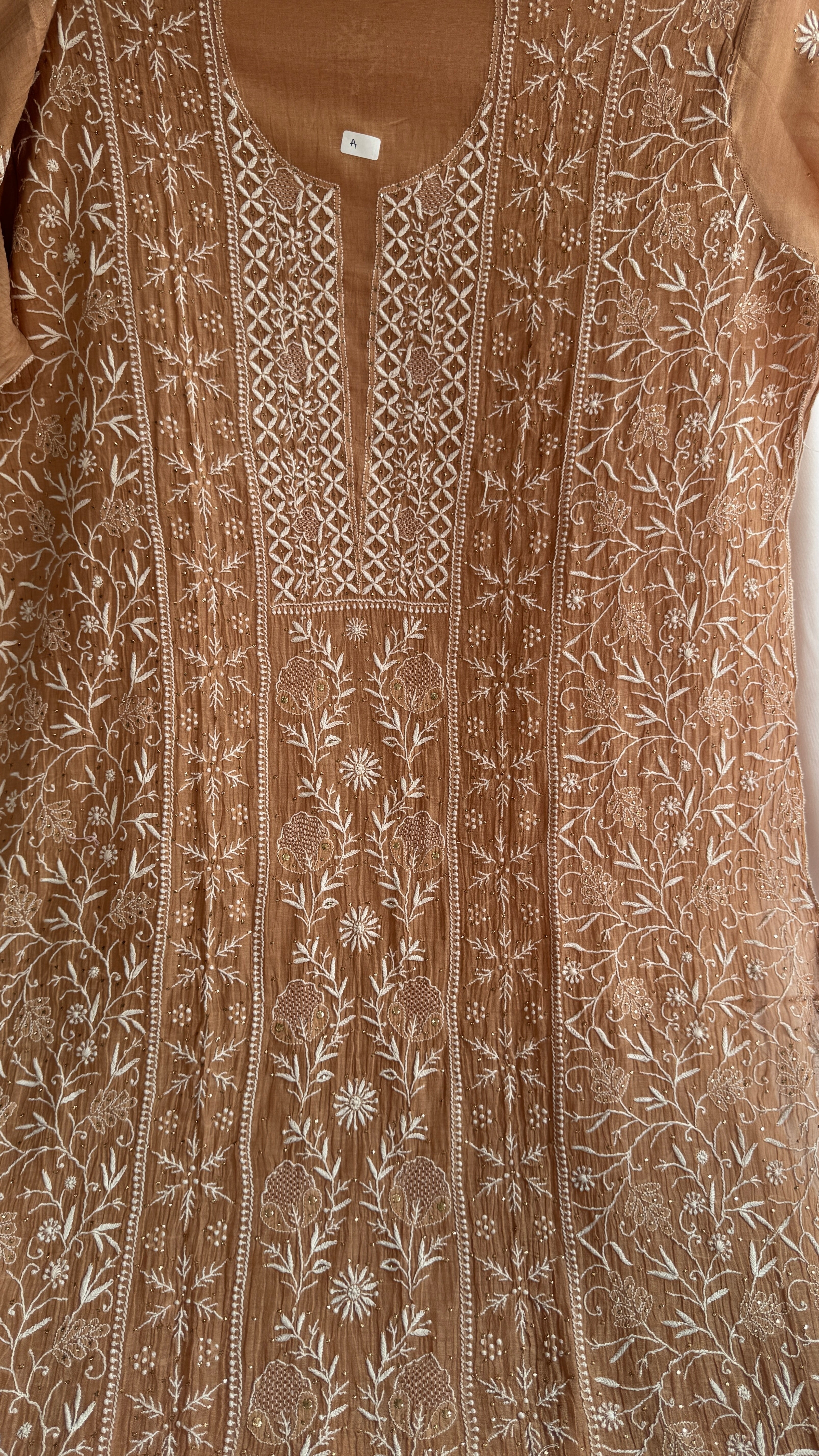 Mul Chanderi Chikankari Unstitched Length with Dupatta with Mukaish Add-On - Soft Brown