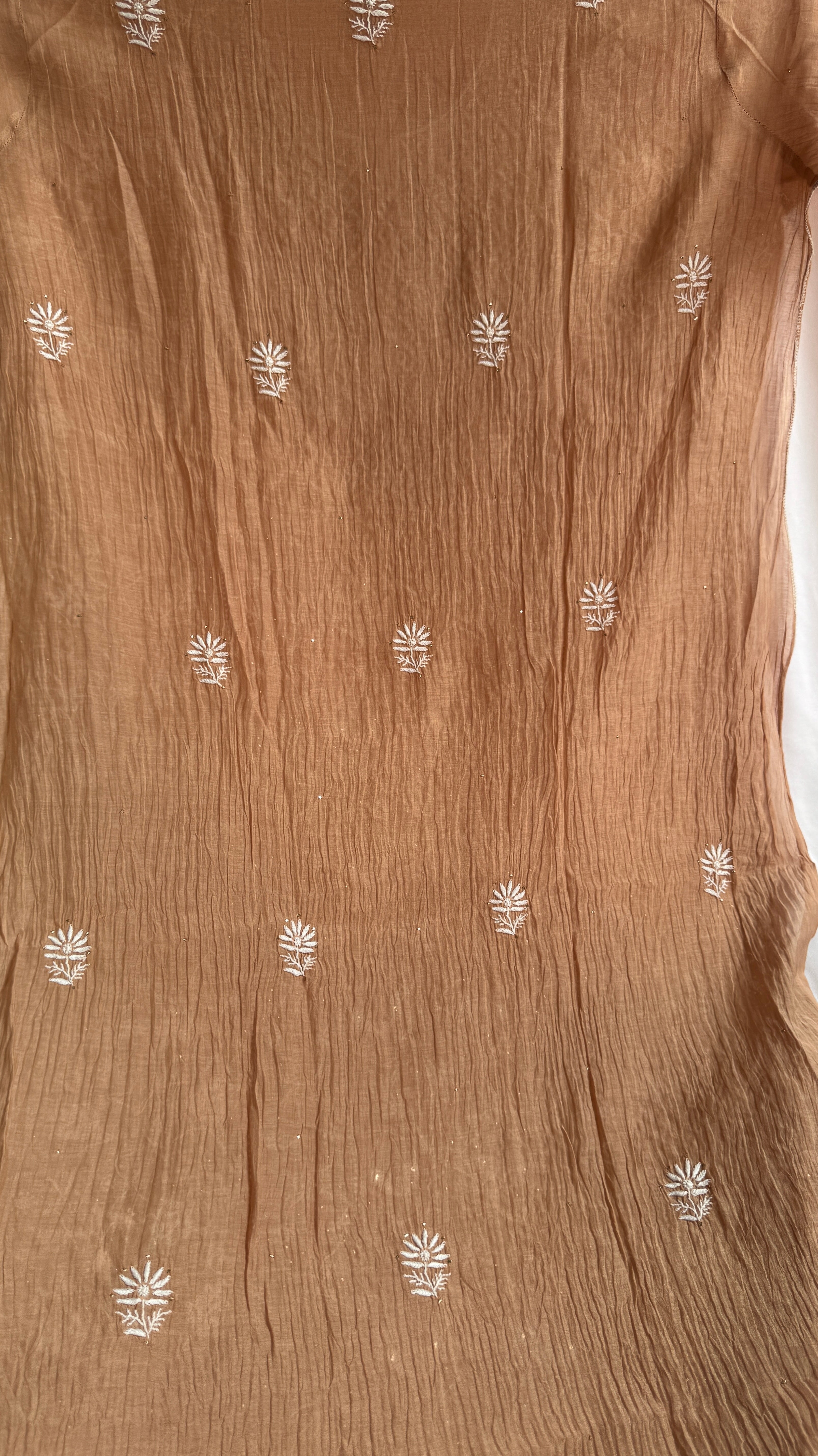 Mul Chanderi Chikankari Unstitched Length with Dupatta with Mukaish Add-On - Soft Brown