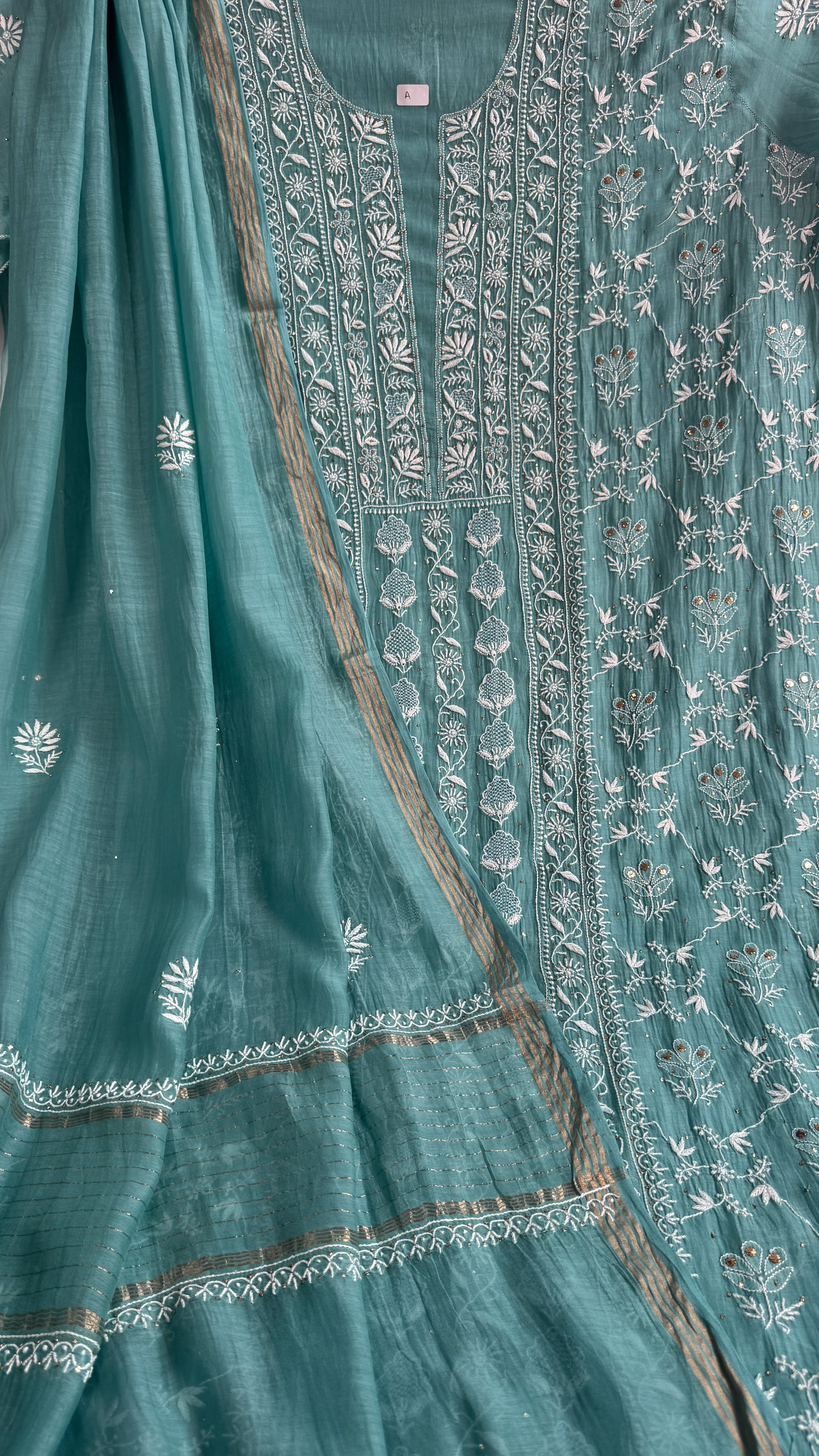 Mul Chanderi Chikankari Unstitched Length with Dupatta with Mukaish Add-On - Tiffany