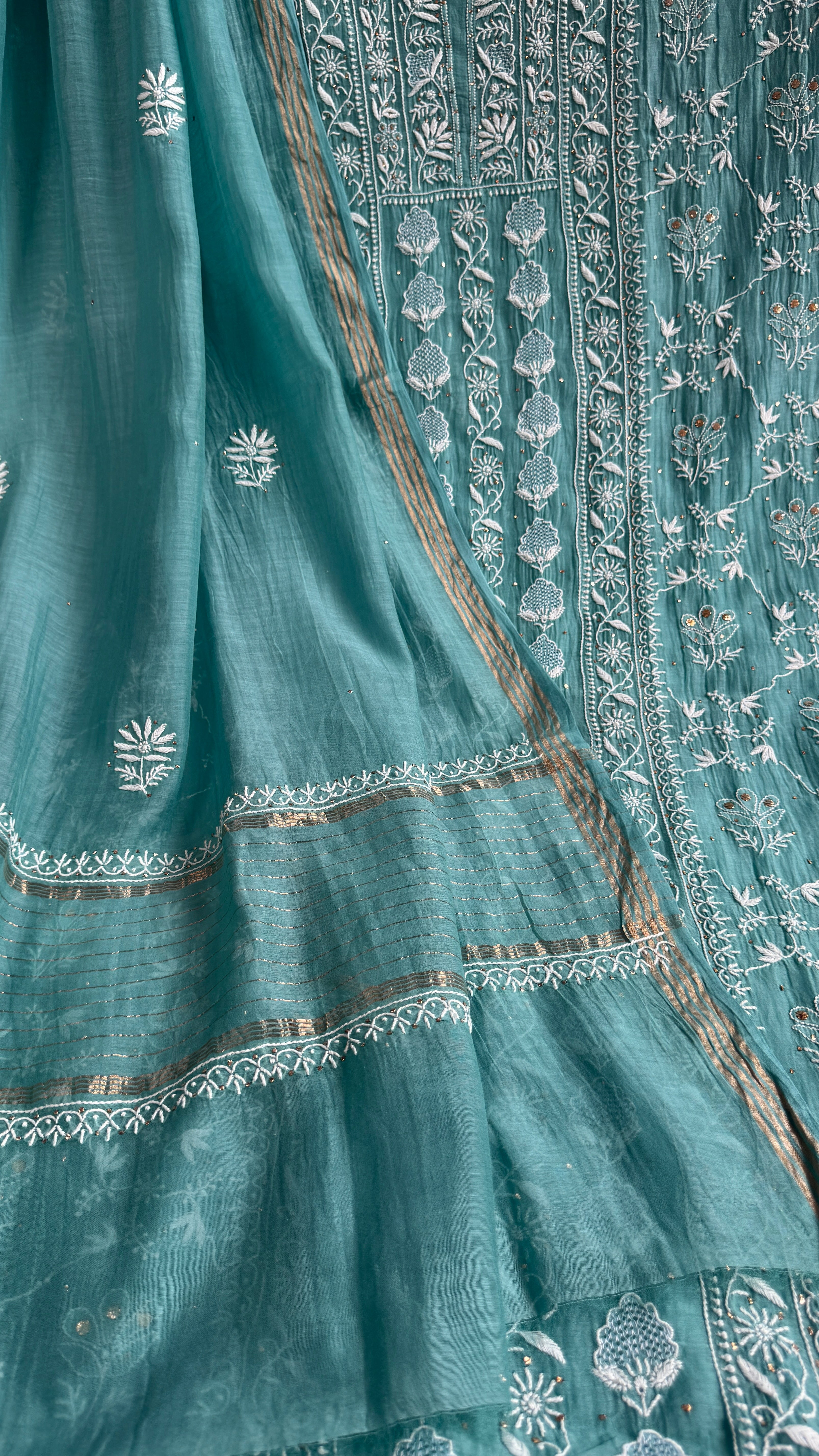 Mul Chanderi Chikankari Unstitched Length with Dupatta with Mukaish Add-On - Tiffany