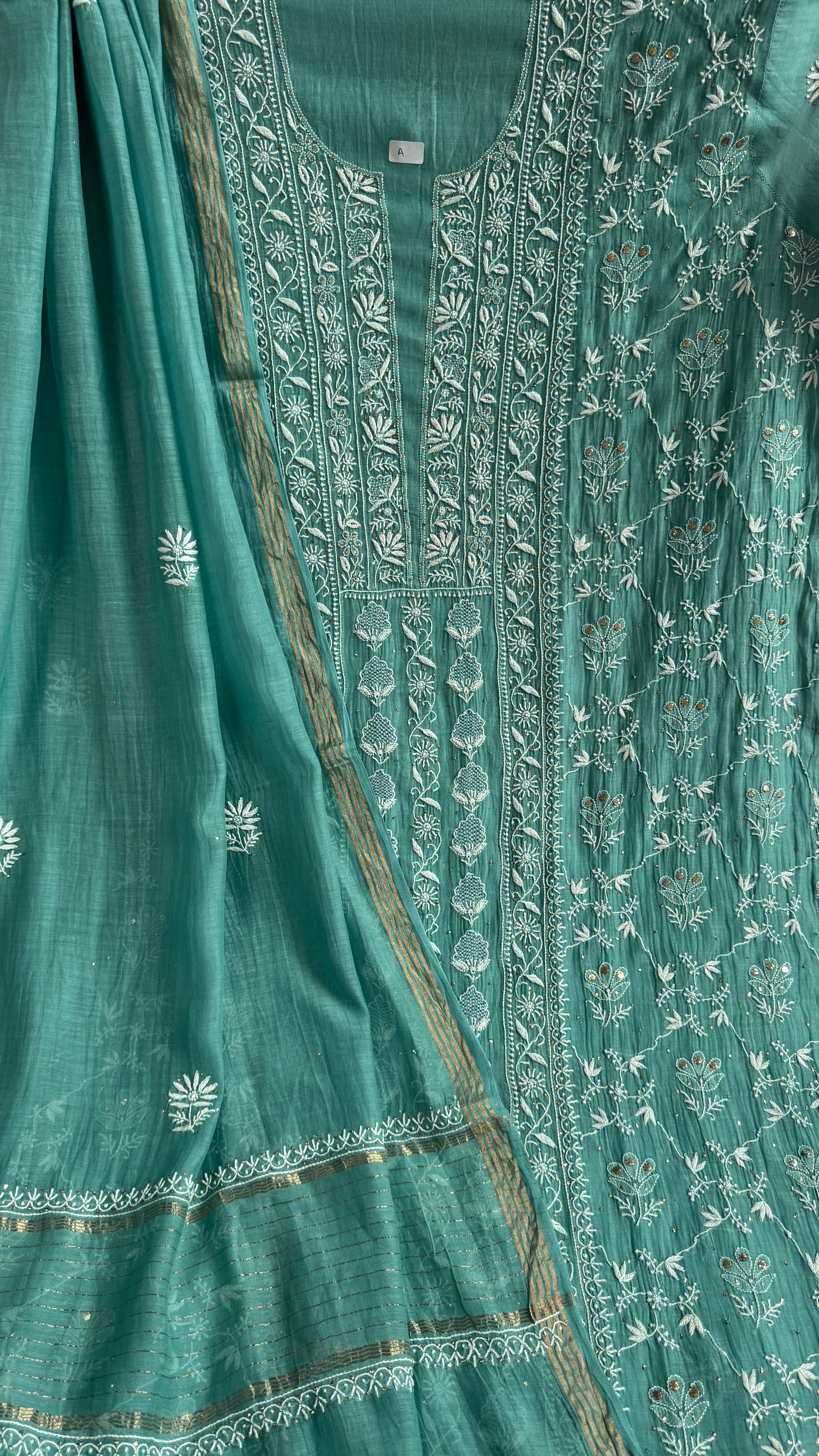 Mul Chanderi Chikankari Unstitched Length with Dupatta with Mukaish Add-On - Tiffany