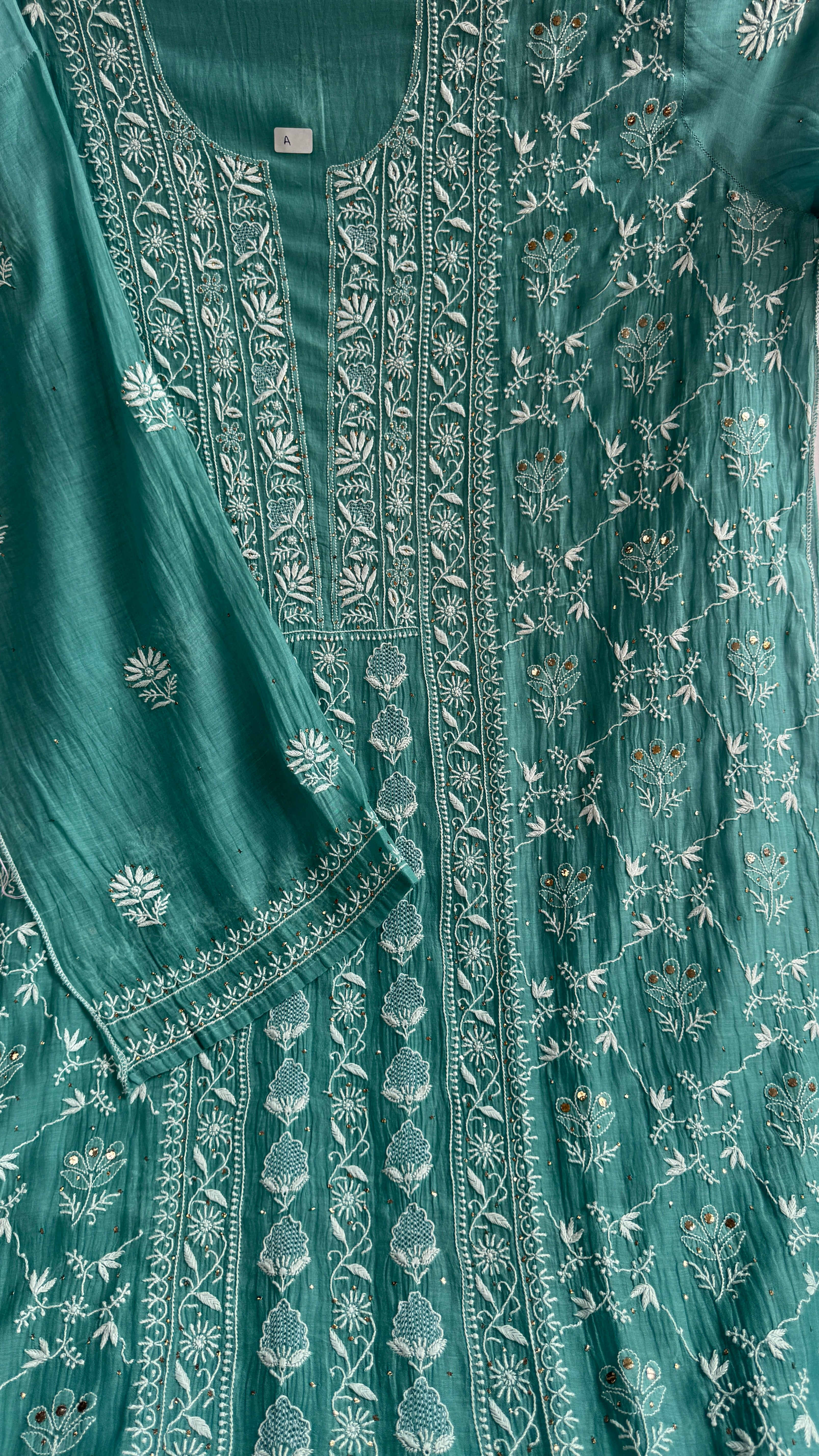 Mul Chanderi Chikankari Unstitched Length with Dupatta with Mukaish Add-On - Tiffany