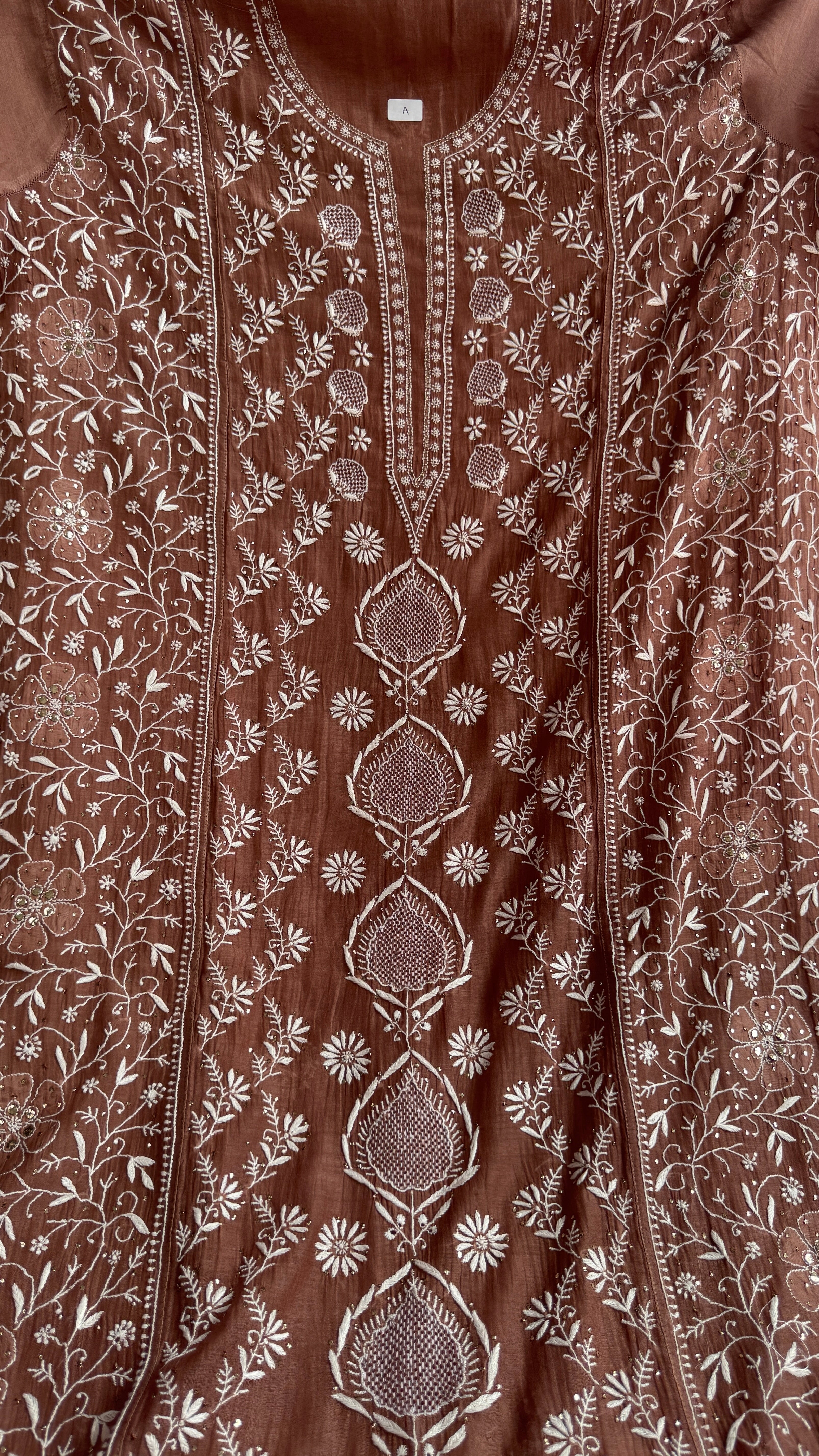 Mul Chanderi Chikankari Unstitched Length with Dupatta with Mukaish Add-On - Brown