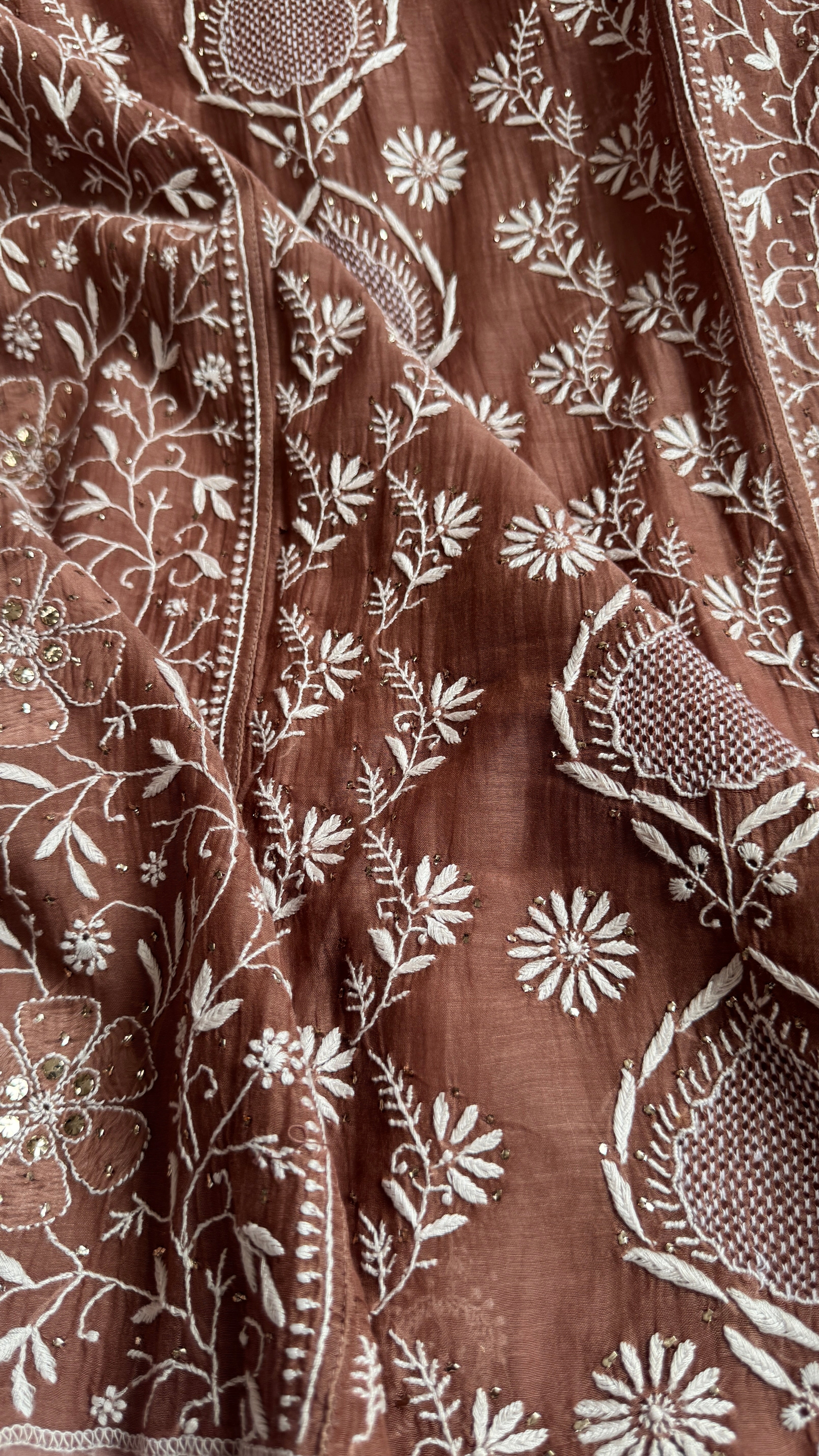 Mul Chanderi Chikankari Unstitched Length with Dupatta with Mukaish Add-On - Brown