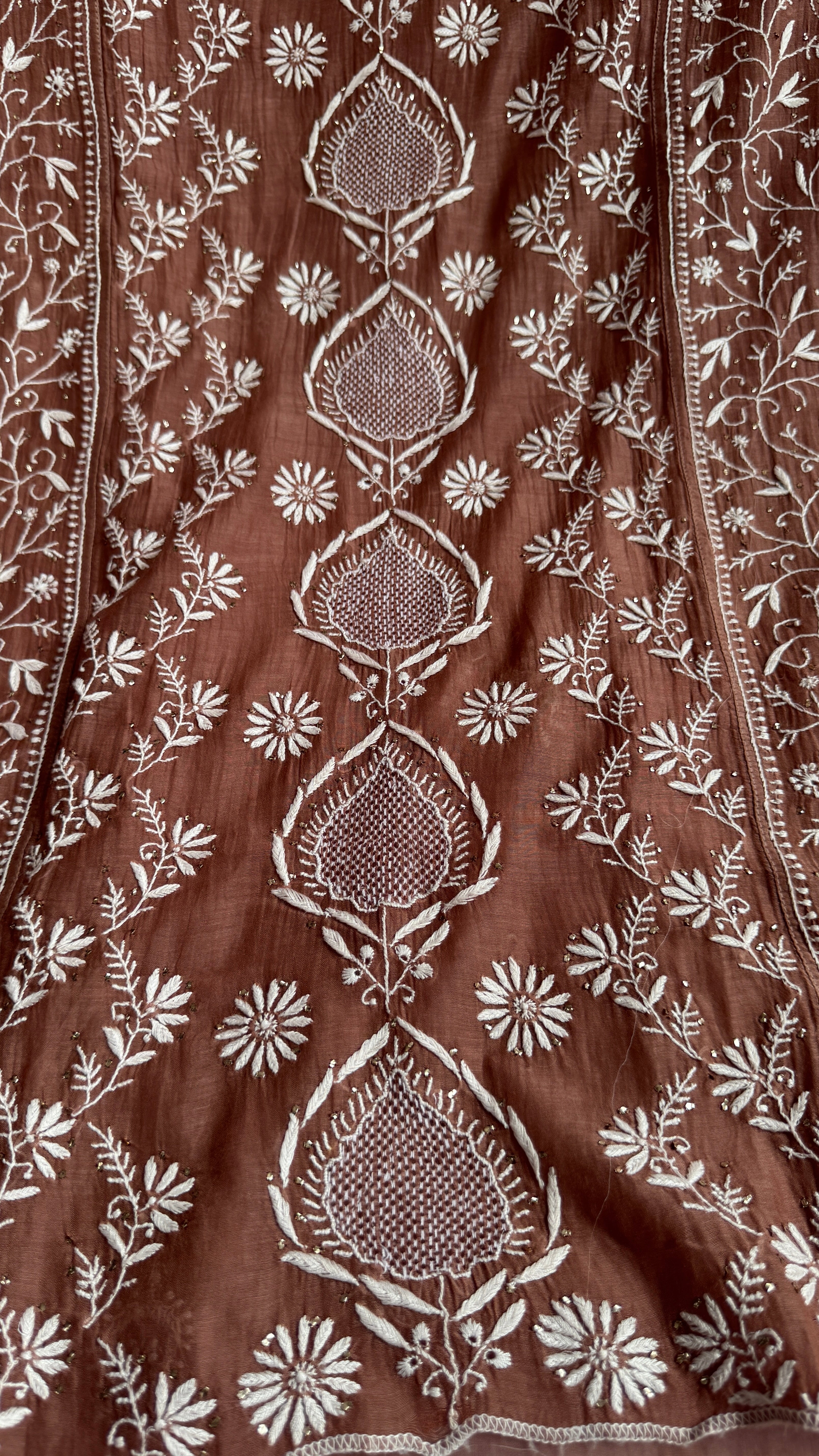 Mul Chanderi Chikankari Unstitched Length with Dupatta with Mukaish Add-On - Brown
