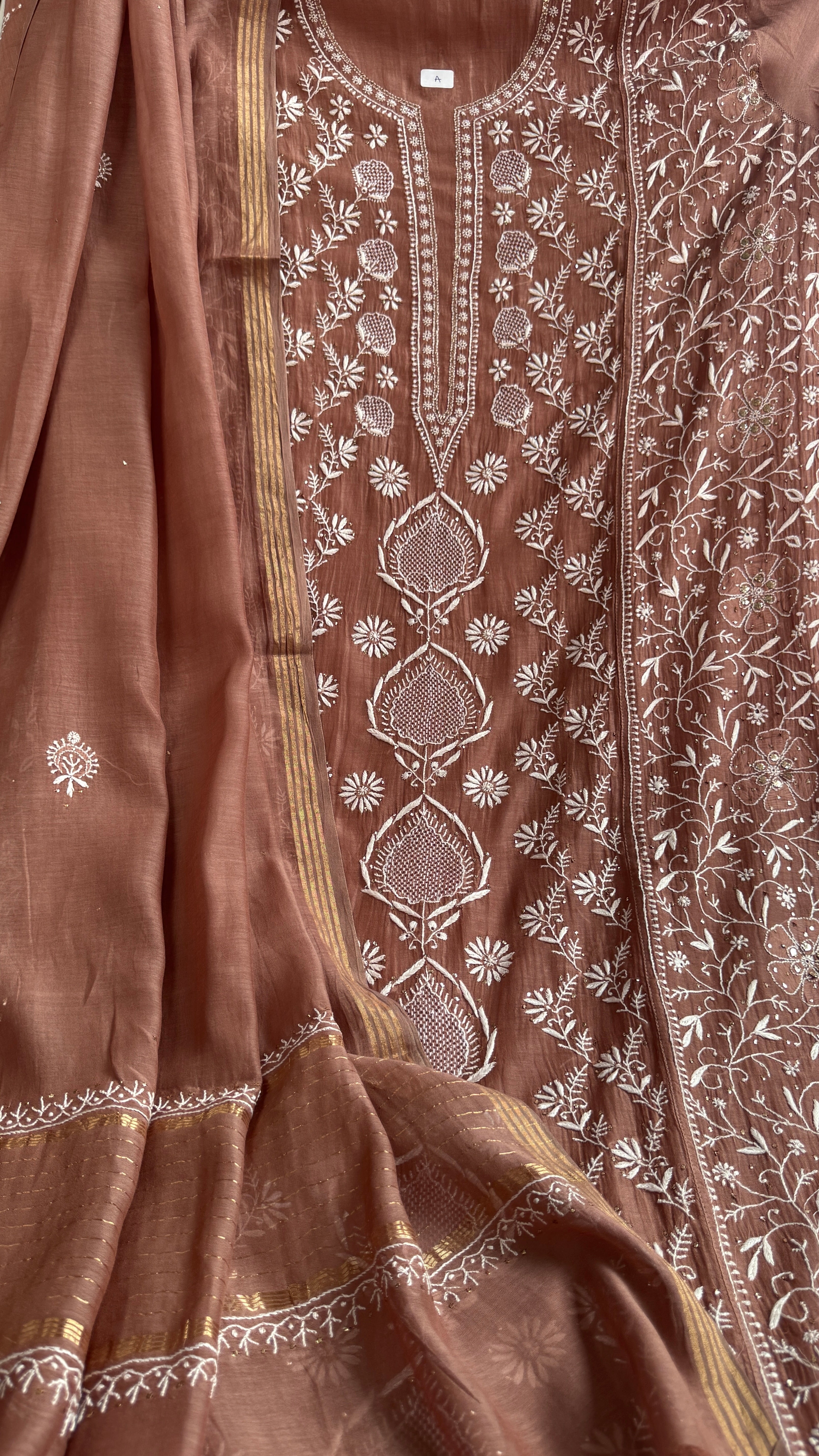 Mul Chanderi Chikankari Unstitched Length with Dupatta with Mukaish Add-On - Brown