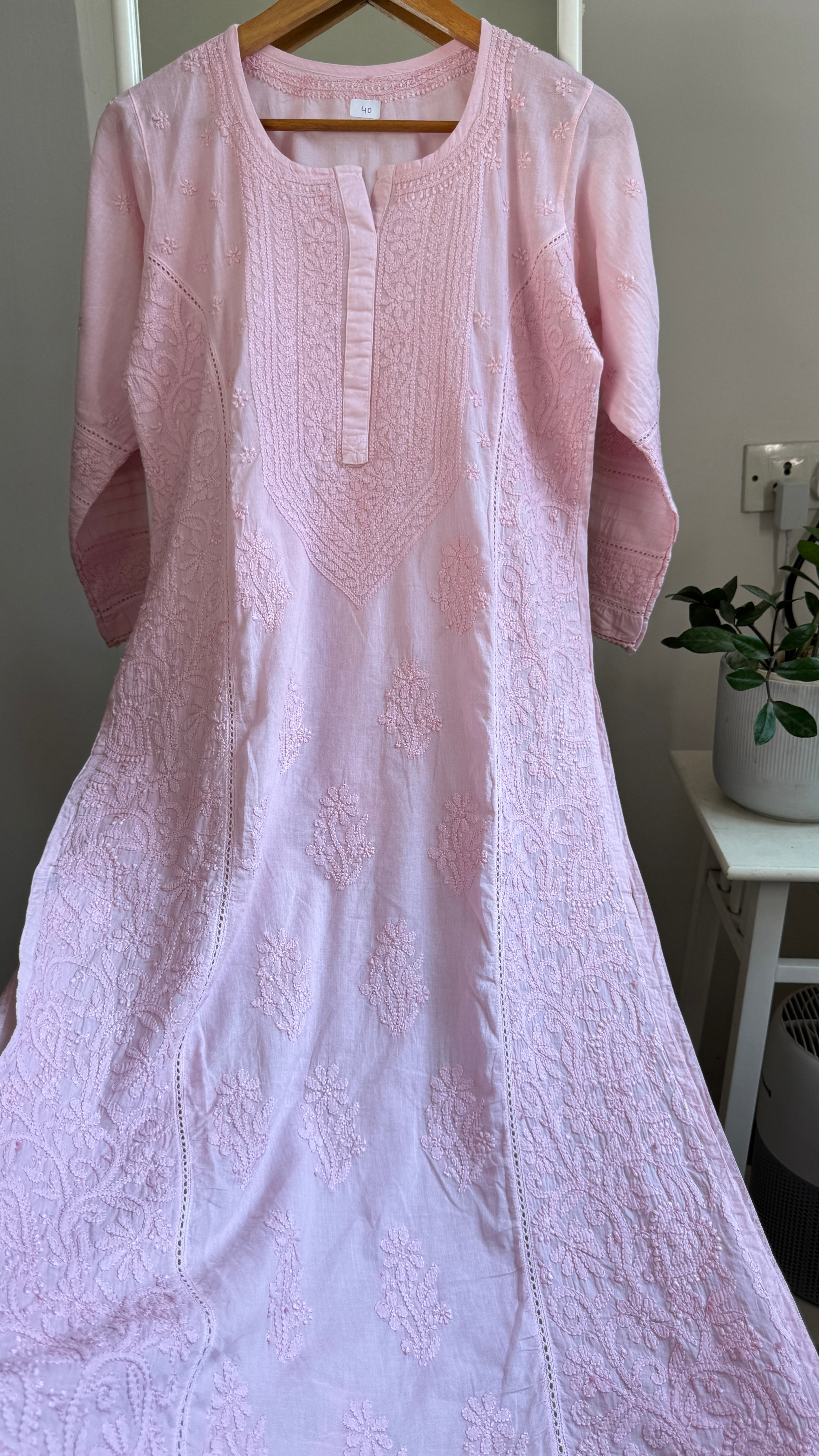 Mul Cotton Chikankari Kurti - Pale Pink - Fiza Collection