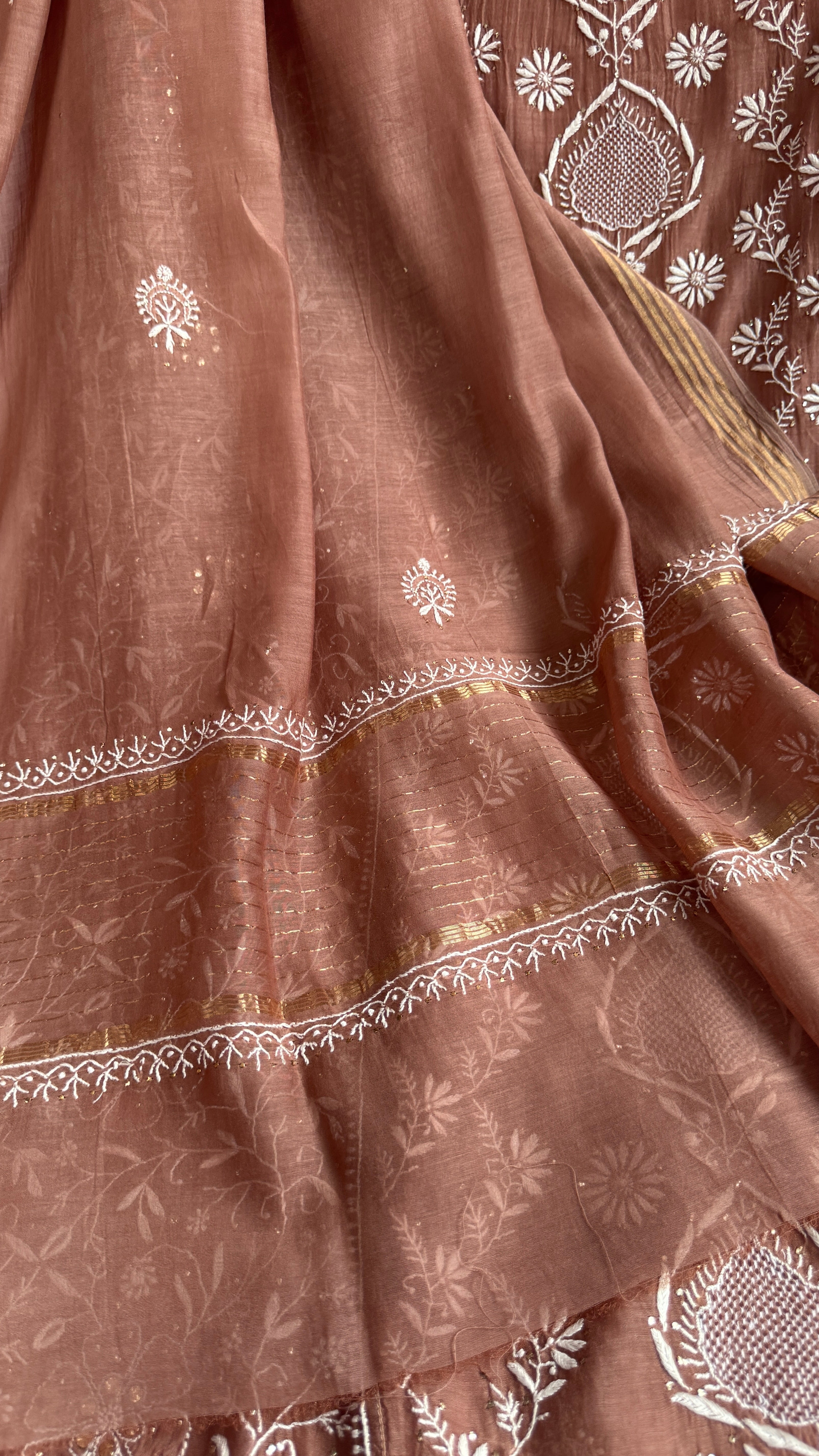 Mul Chanderi Chikankari Unstitched Length with Dupatta with Mukaish Add-On - Brown