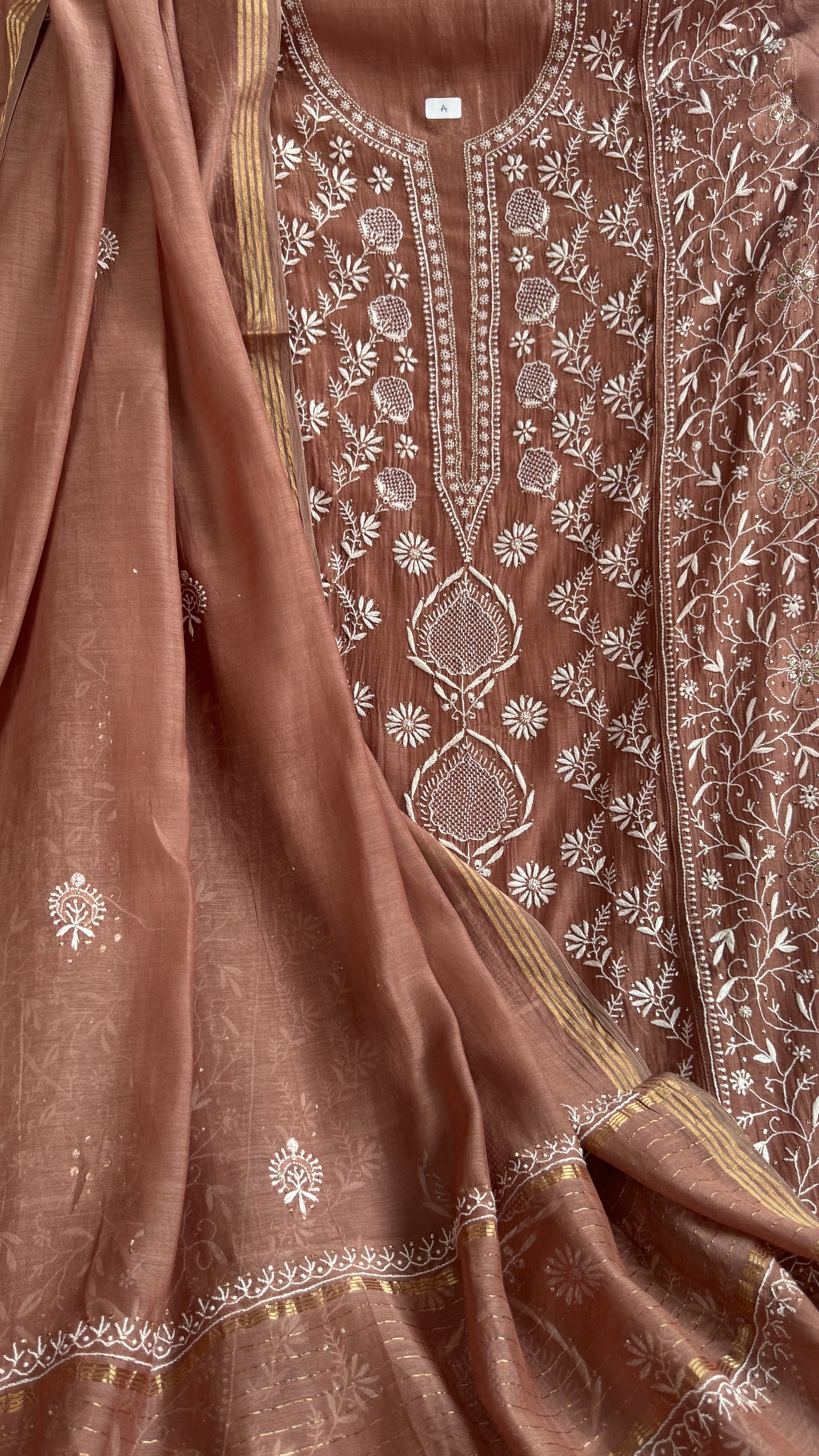 Mul Chanderi Chikankari Unstitched Length with Dupatta with Mukaish Add-On - Brown